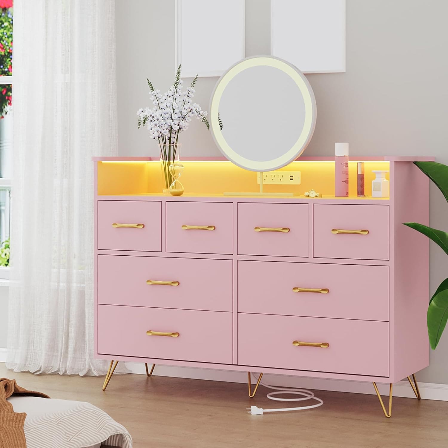 Garvee 8 Drawer Wood Dressers for Bedroom with Led Light and Power Outlet Wooden Dressers with Open Shelves and Gold Handle for Adult and Kids Bedroom