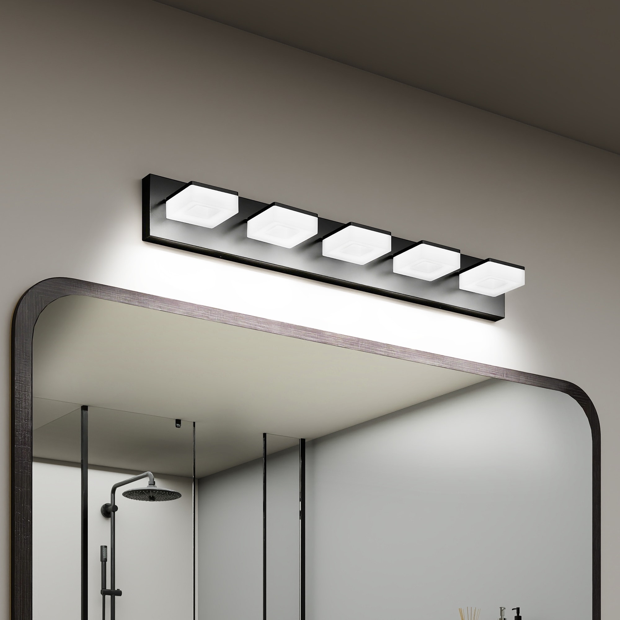 Tinyhomie LED Bathroom Vanity Light 5-Light 32-Inch Matte Black Acrylic Over Mirror Light Cool White 6000K