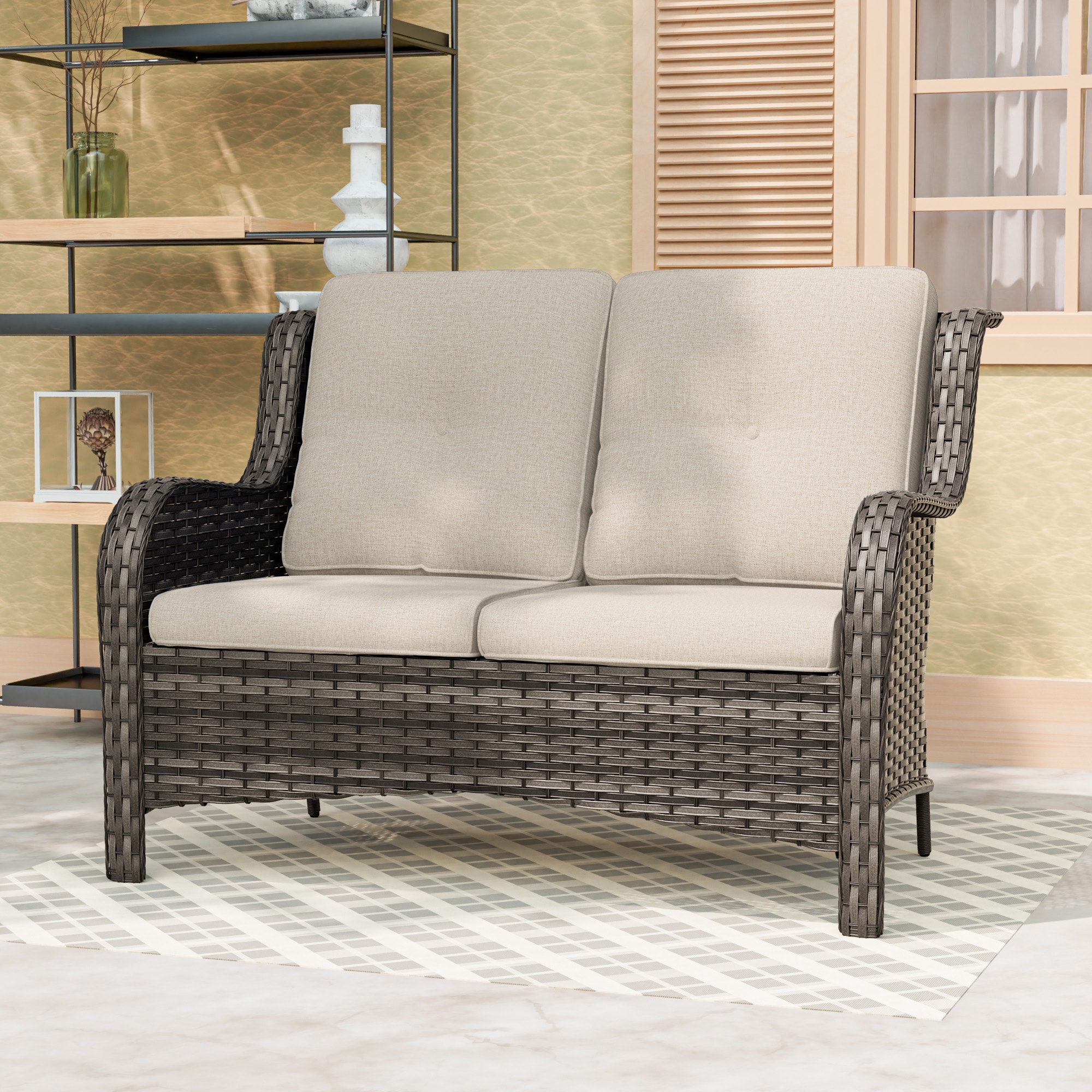 Gardenbee HGL-M79-BGE Wicker Furniture Wicker Outdoor Loveseat with Beige Cushions and Steel Frame