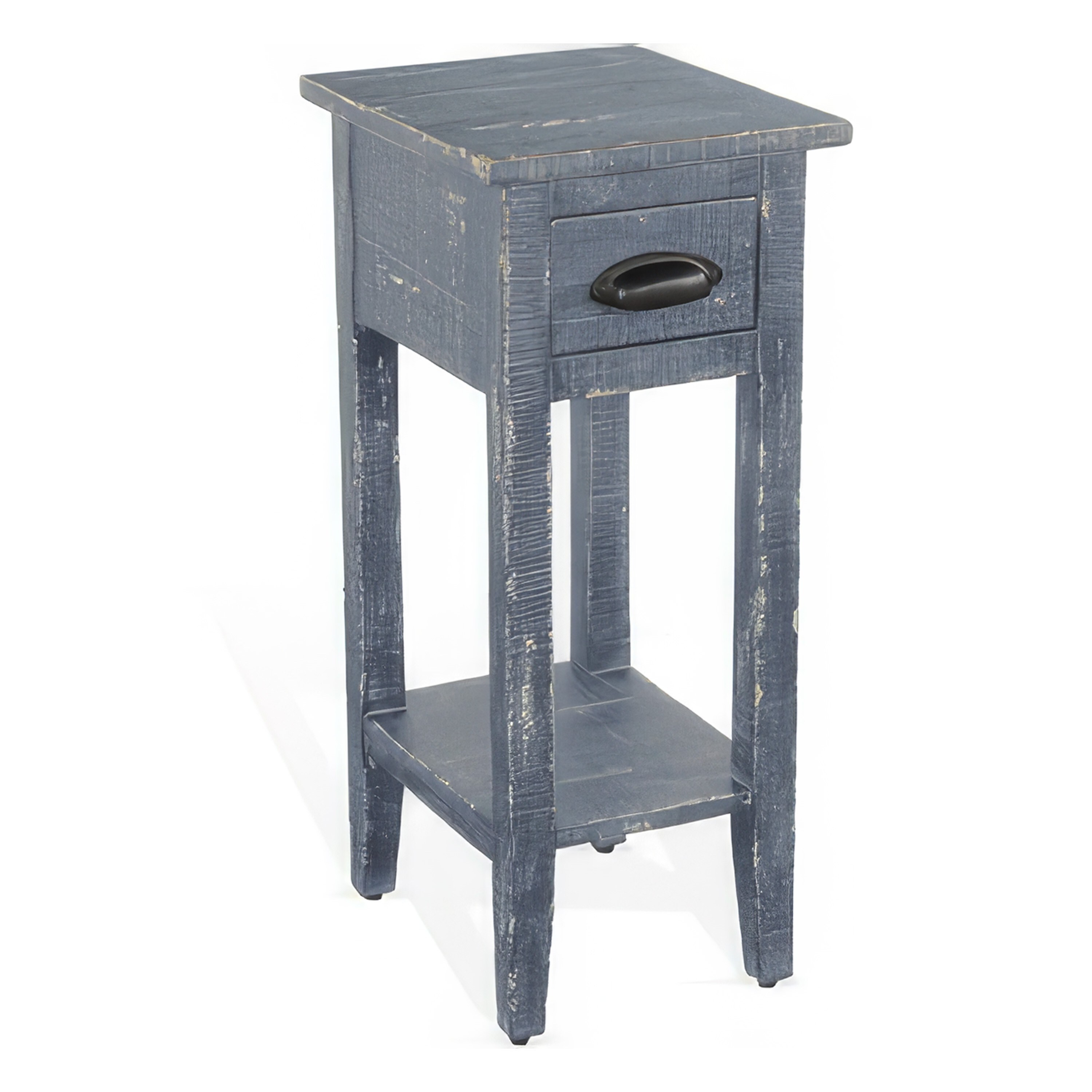 Rena Chairside Table with Drawer and Shelf-14 Inch Blue Mahogany Wood