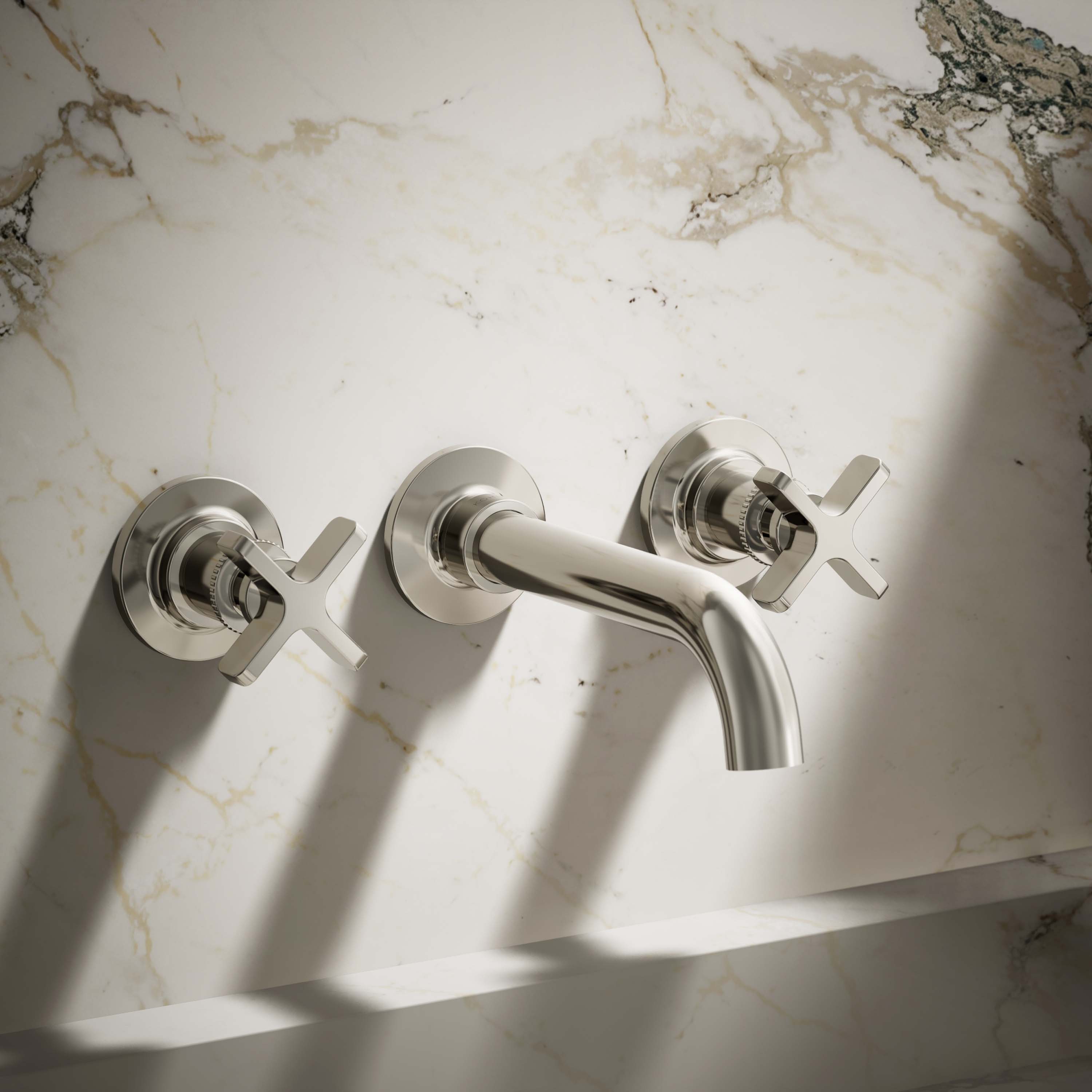 KOHLER T35909-3-SN Castia by Studio McGee Vibrant Polished Nickel Wall-mount 2-handle WaterSense Low-arc Residential Handle Bathroom Sink Faucet