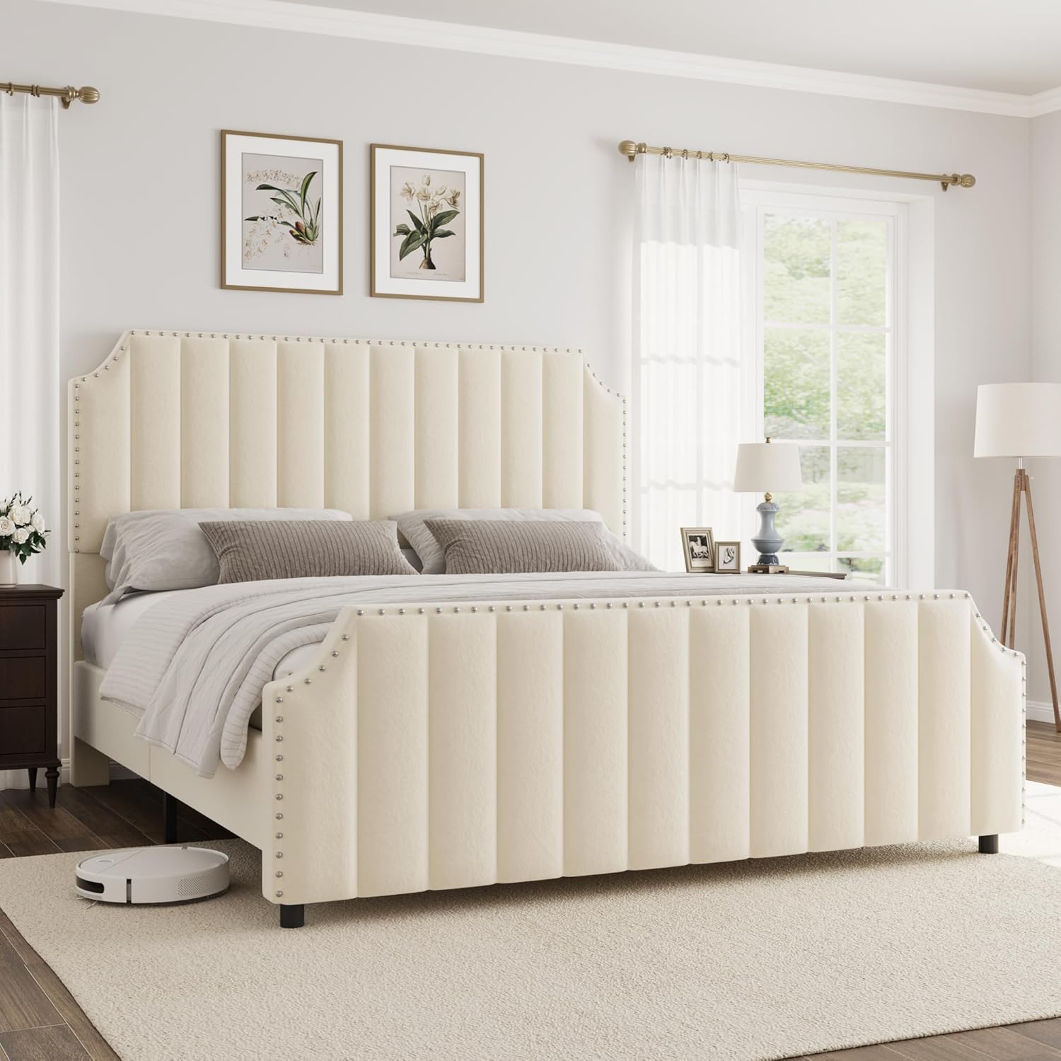 Qeetex LHF-BED-PHO-14Z088J3 Queen Size Platform Bed Frame with 50inch Headboard Velvet Upholstered Bed Frame Queen with Vertical Channel Tufted Headboard and Footboard Nailhead Trim No Box Spring Needed Beige