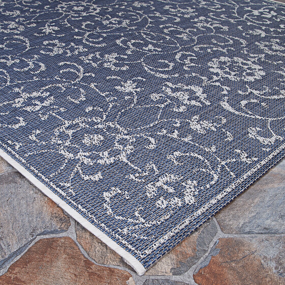 Navy and Ivory Floral Flatwoven Rectangular Area Rug