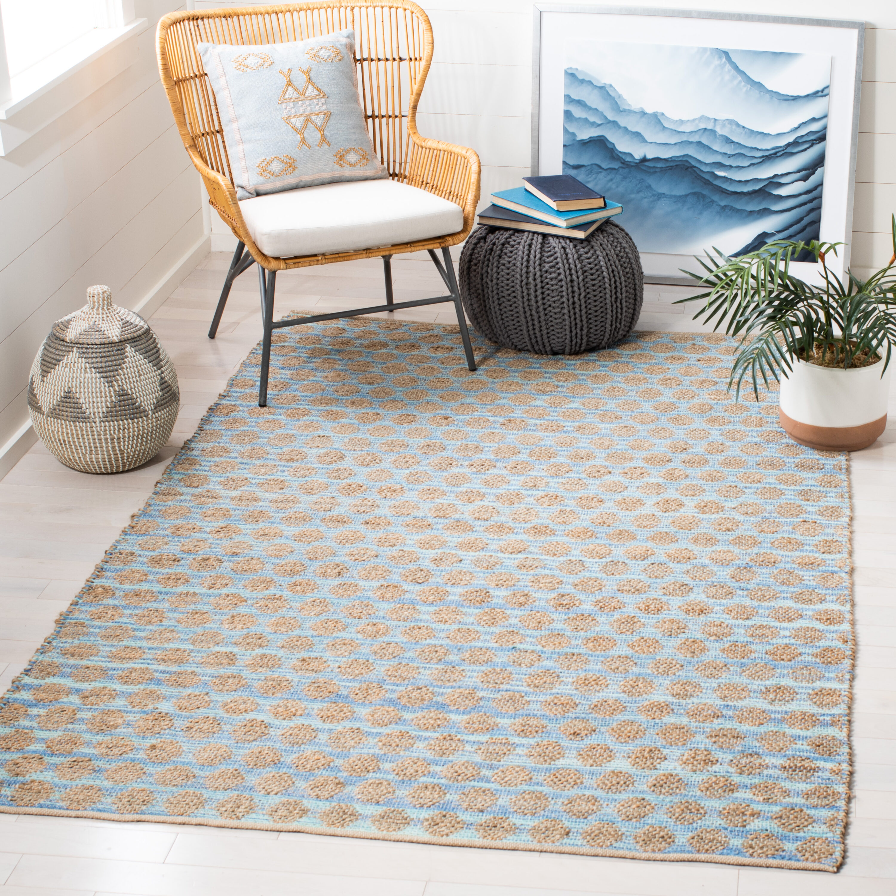 Safavieh Cape Cod 8 x 10 (ft) Knotted Cotton/Jute Blue/Natural Rectangular Indoor Geometric Mid-Century Modern Professionally Clean Only Area rug