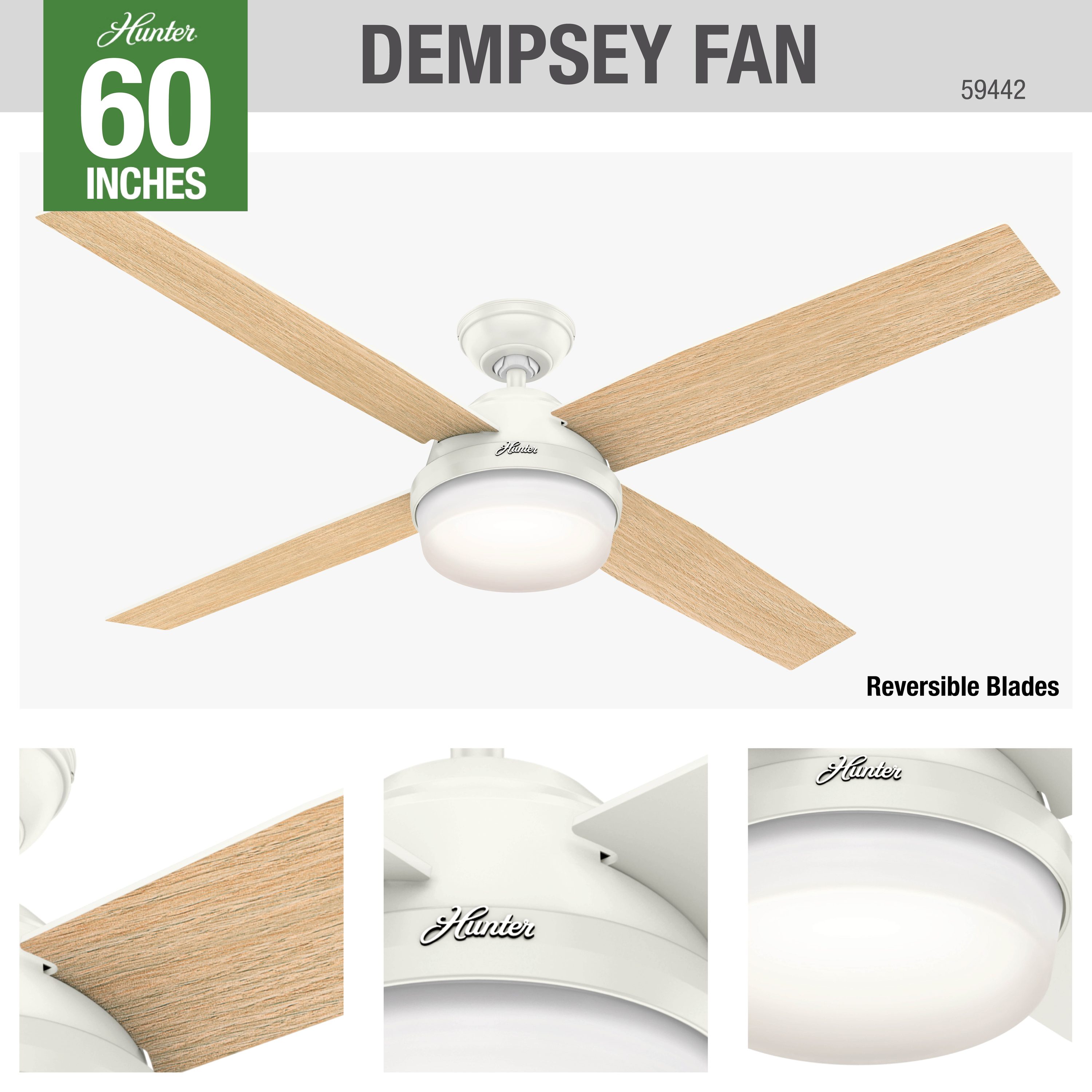 Hunter Dempsey 60-in Fresh White Indoor Downrod or Flush Mount Ceiling ...