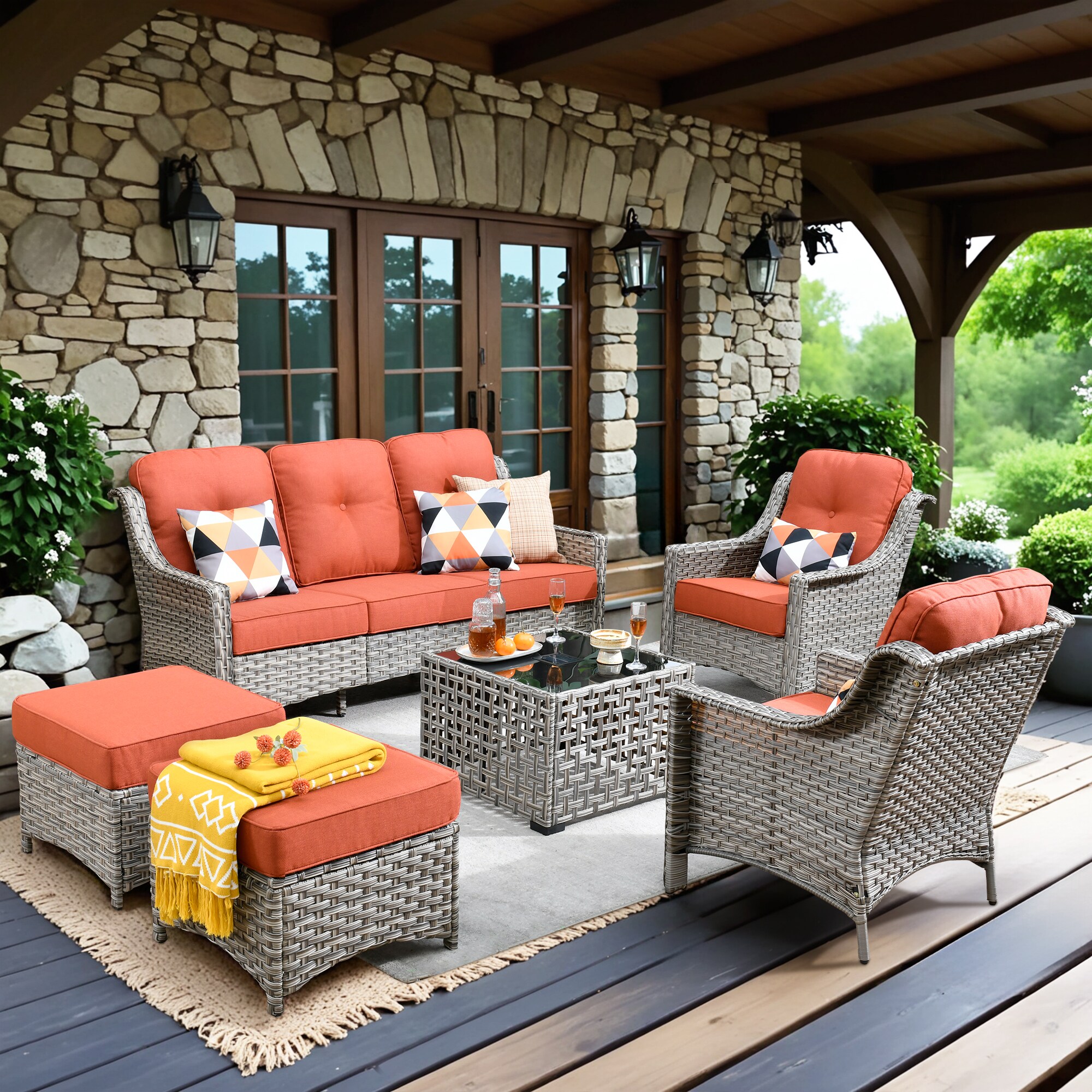 XIZZI XIPAD8C0064-T Pyrophyllite 6-Piece Rattan Patio Sofa Conversation Set with Orange Cushions