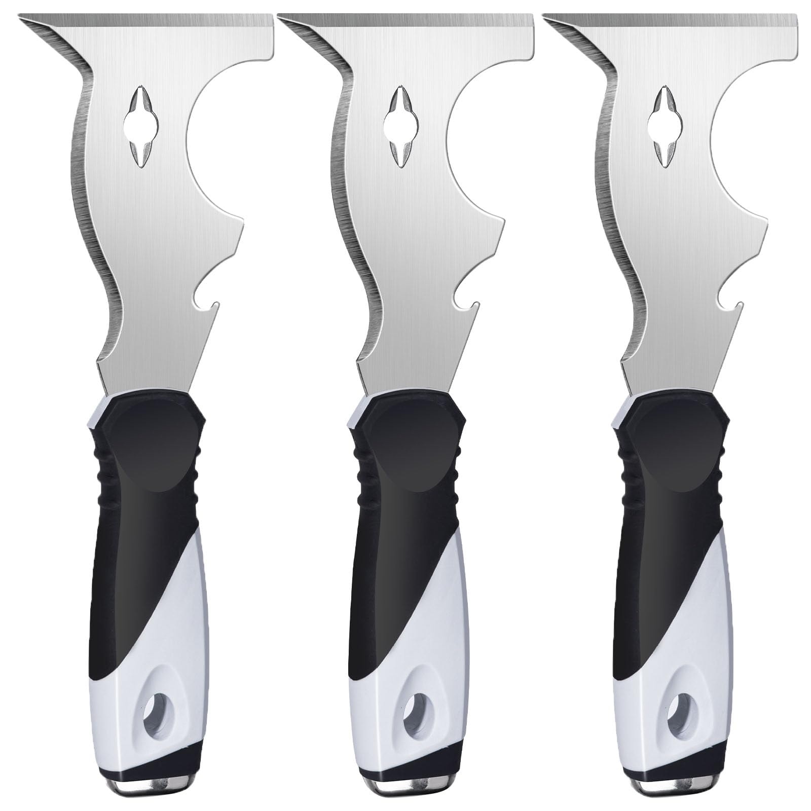 Phyfalip  Paint Scraper 3 Pack Multi Use 10 in 1 Putty Knife Set Stainless Steel Blade Ergonomic Handle for Removing Paint Spackle and Taping