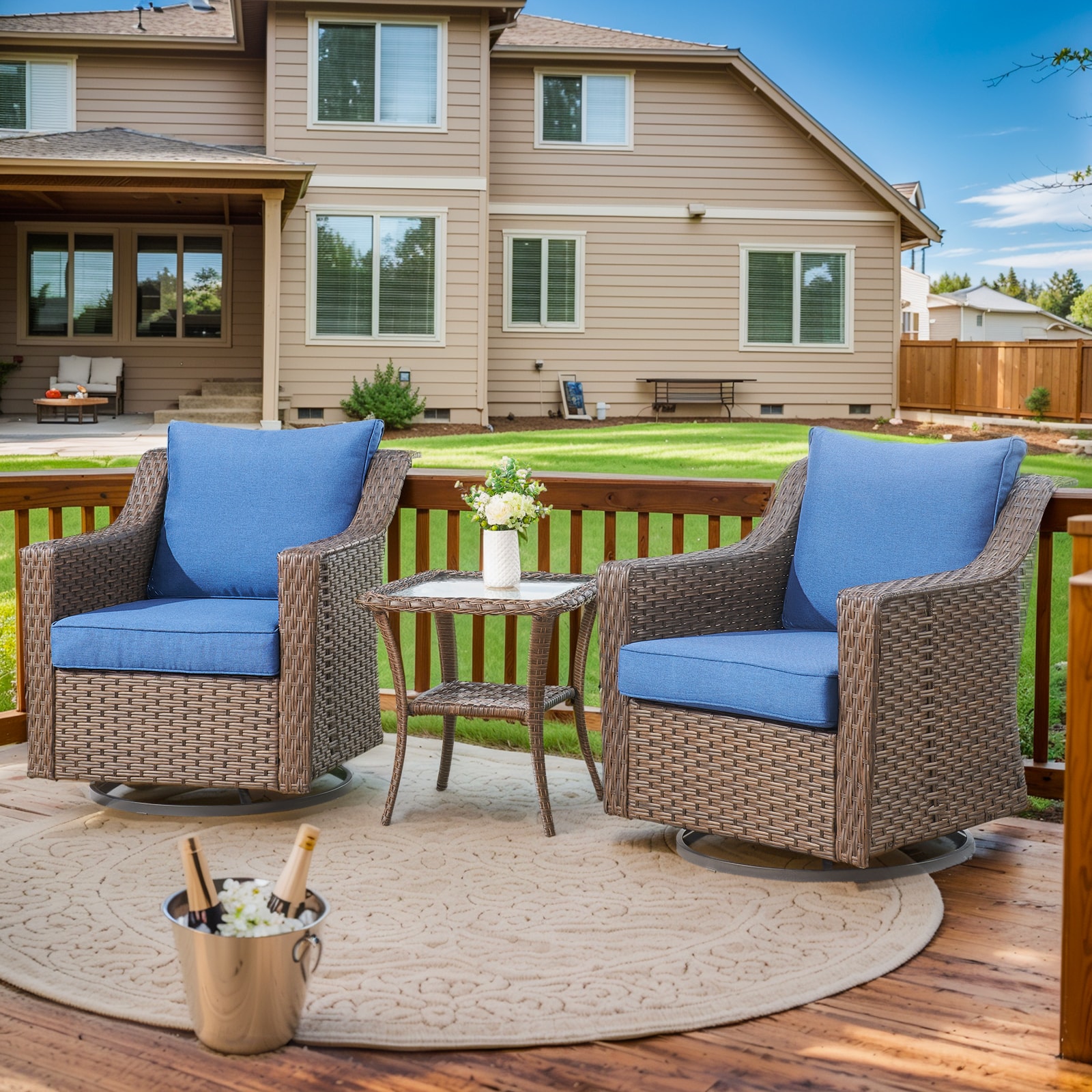 Pocassy PAnorama Series 3 -Piece Wicker Patio Conversation Set with Navy Cushions