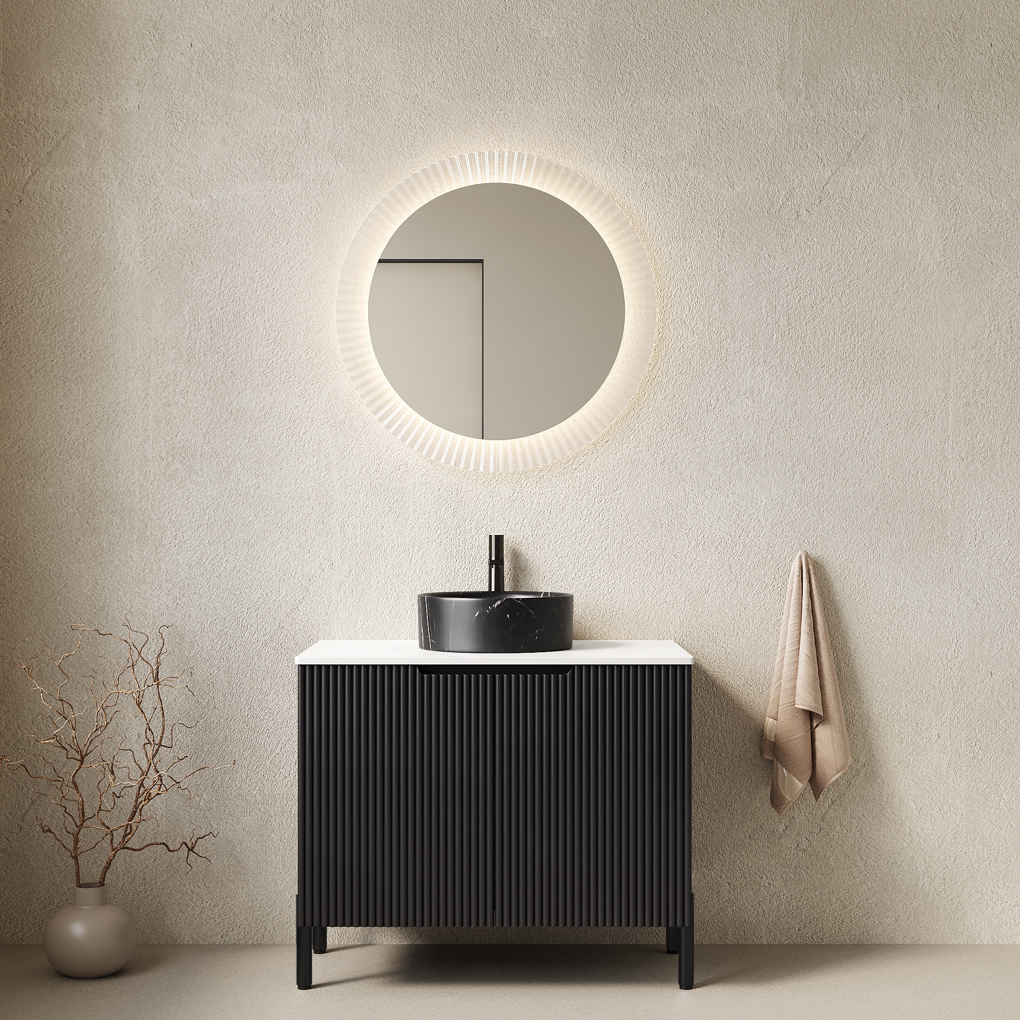 Vynxaria - 30 in Black Freestanding Bathroom Vanity with Matte Black Ceramic Sink Carrara White S...