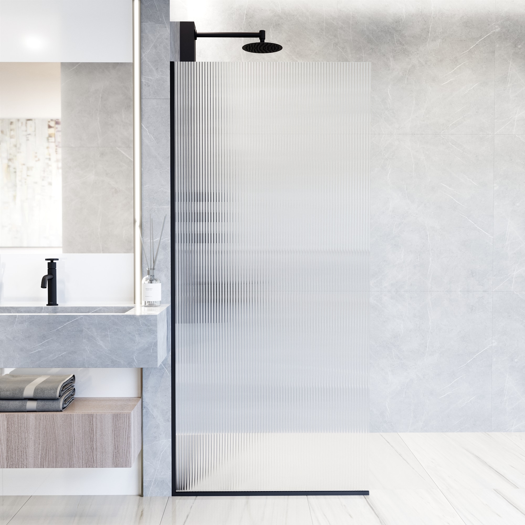 VIGO VG6075MBFL3474 Zenith Matte Black 34-in W x 74-in H Frameless Fixed Shower Door 3/8-in Thick Patterned Glass