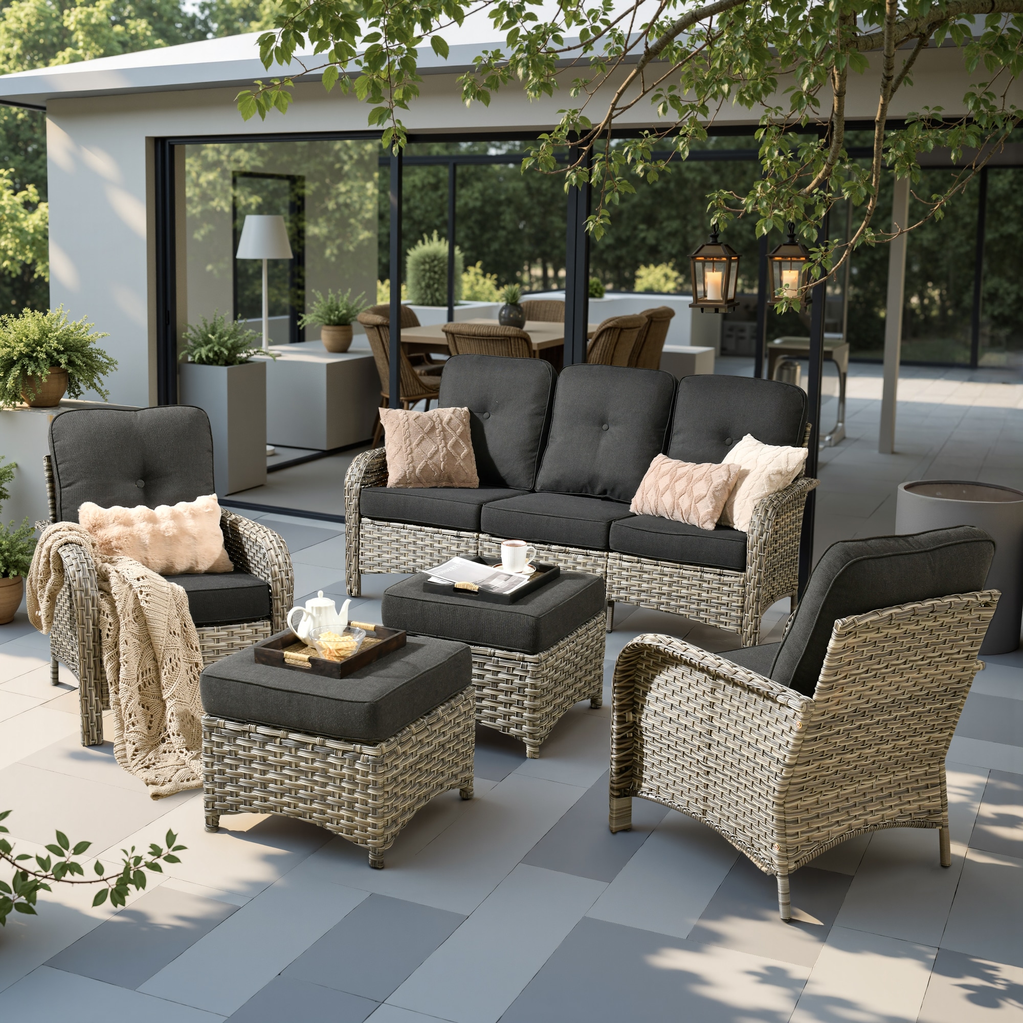 weaxty HMBVNC100S51 Belvoir 5 -Piece Wicker Patio Sofa Conversation Set with Black Cushions