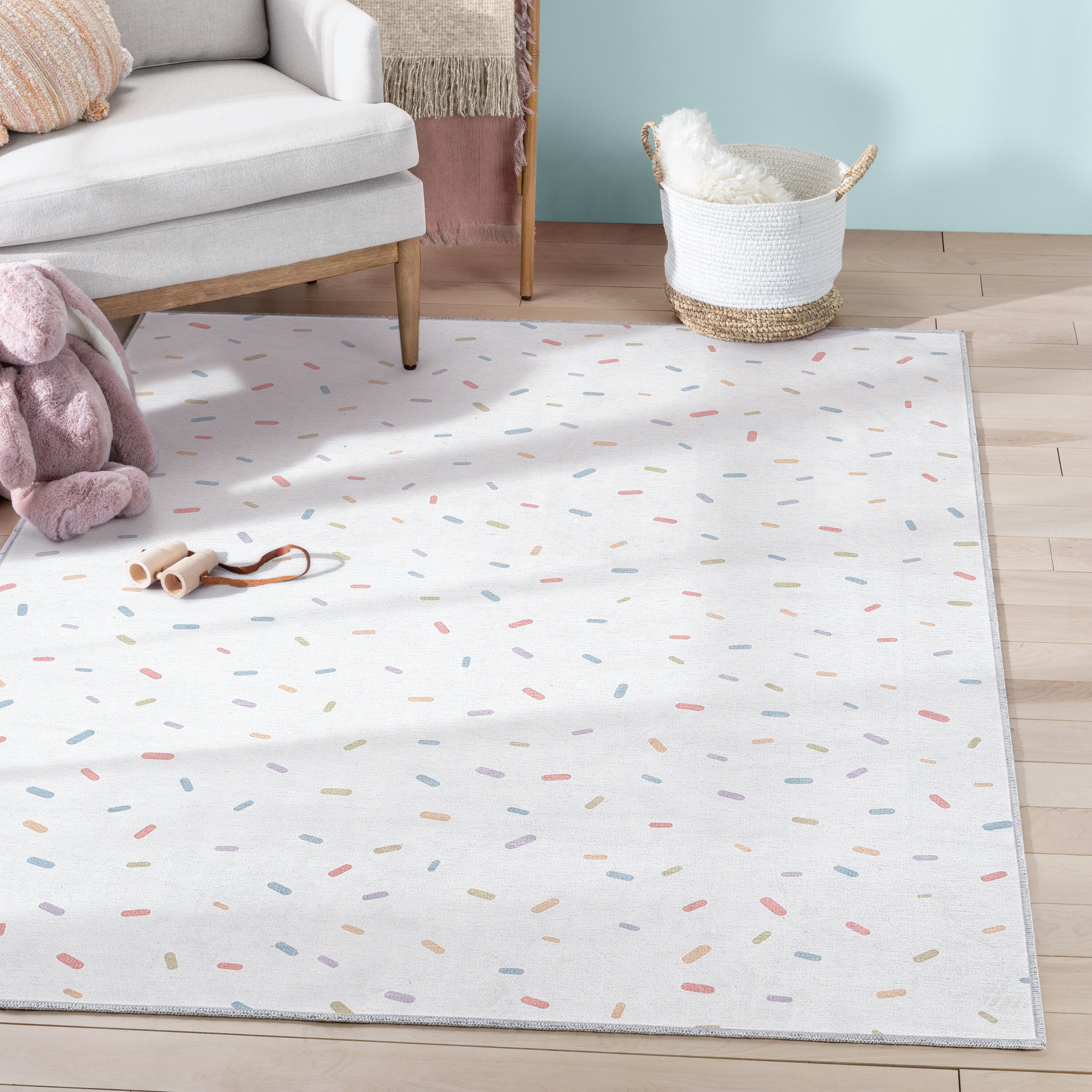 White and Multicolor Chenille Flat Woven Kids Rug, 6' x 9'