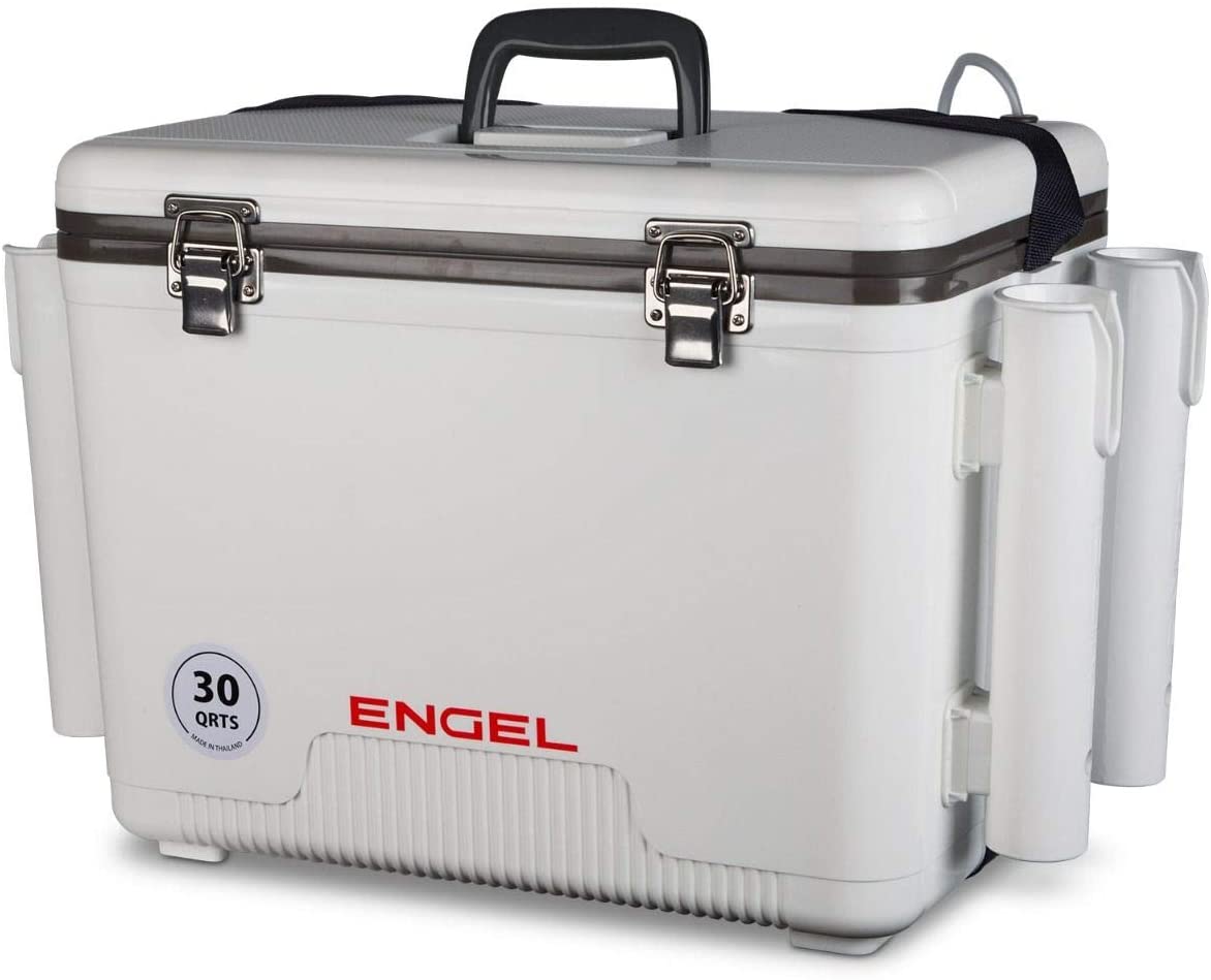 Engel Durable 30 Quart Live Bait Dry Box and Cooler with Rod Holders, White