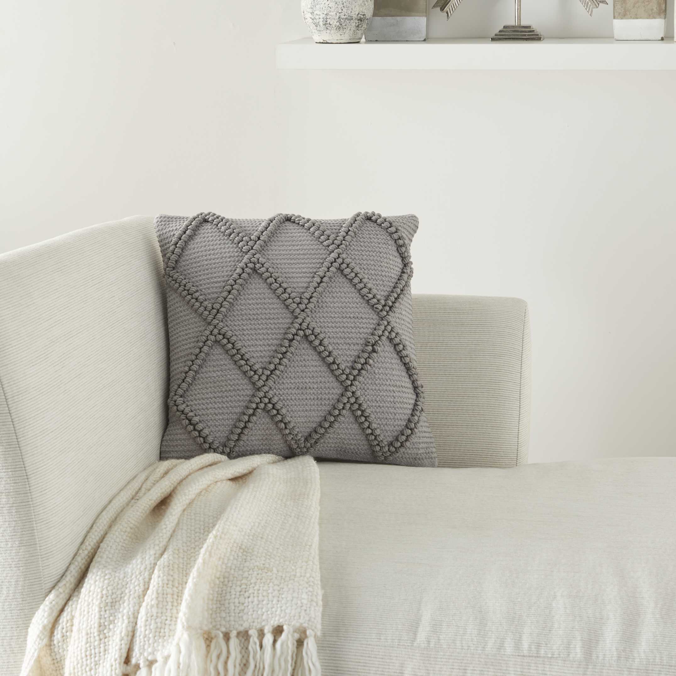 18" Light Gray Cotton Blend Diamond Lattice Square Throw Pillow