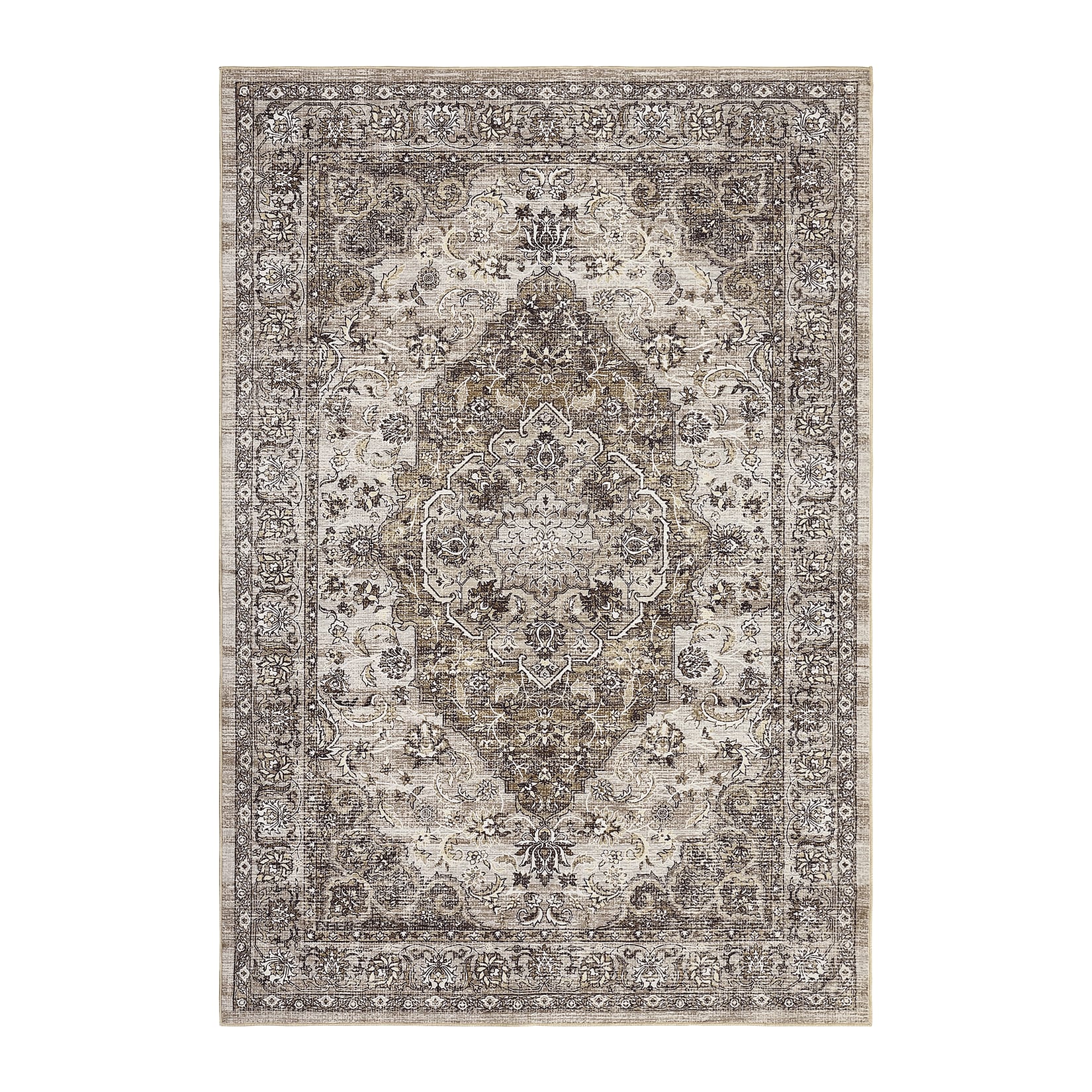 Qeetex LSN-PHO-16DHFB75 9 x 12 ft Polyester Imitation Cashmere Brown Rectangular Hallway Bathroom Entryway Kitchen Office Foldable Flower Printed Persian Washable Area Rug