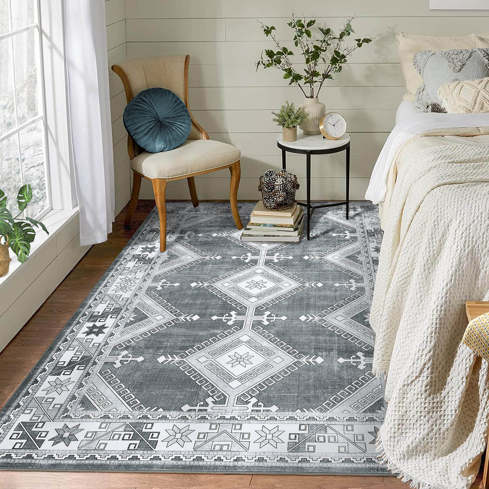 Garvee YXY-LO-PHO-0Z9UICHV 5 x 7 (ft) Loomed Polyester Gray Rectangular Indoor Geometric Moroccan Machine washable Area rug