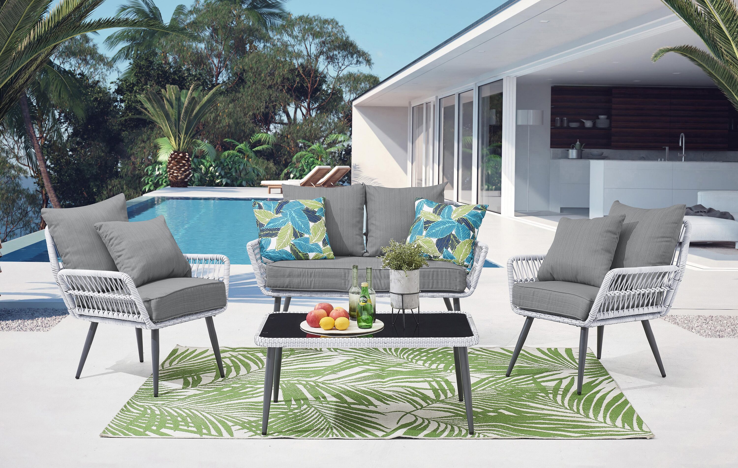Manhattan Comfort OD-CV019-GY 4 -Piece Wicker Patio Conversation Set with Gray Cushions