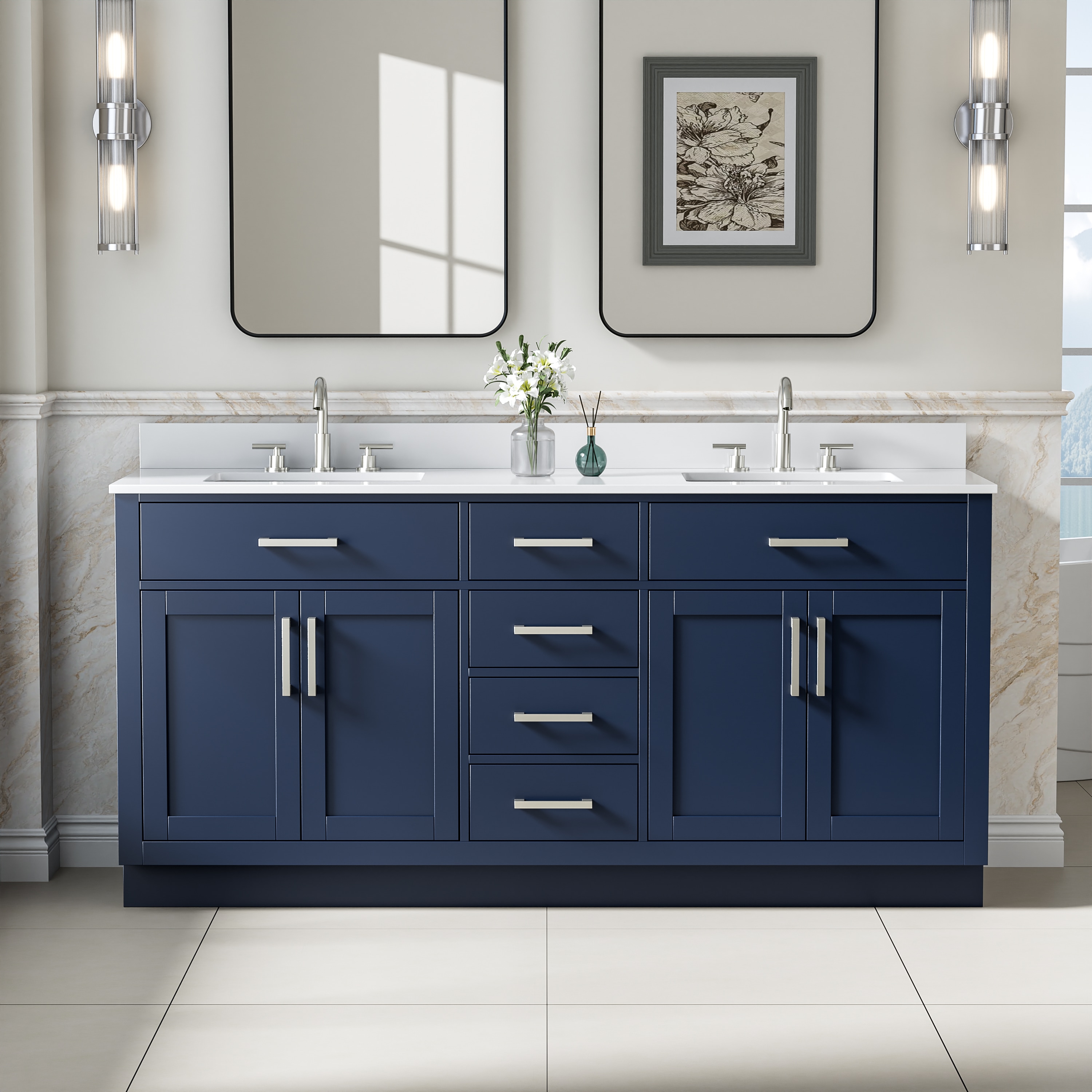 ANGELES HOME  Solid Wood 72-in Navy Blue Undermount Double Sink Bathroom Vanity With White Cultured Marble Top And Brushed Nickel Handles(Fully Assembled)