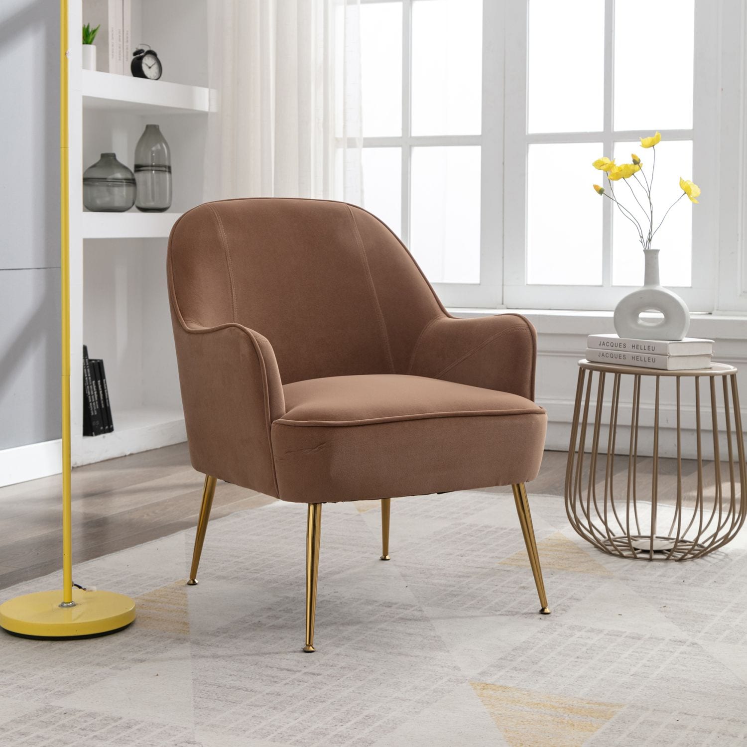 JASMODER W52728156 Modern Ergonomics Soft Velvet Fabric Material Accent Chair With Gold Legs And Adjustable Feet Screws For Indoor Home Living Room, Coffee Brown