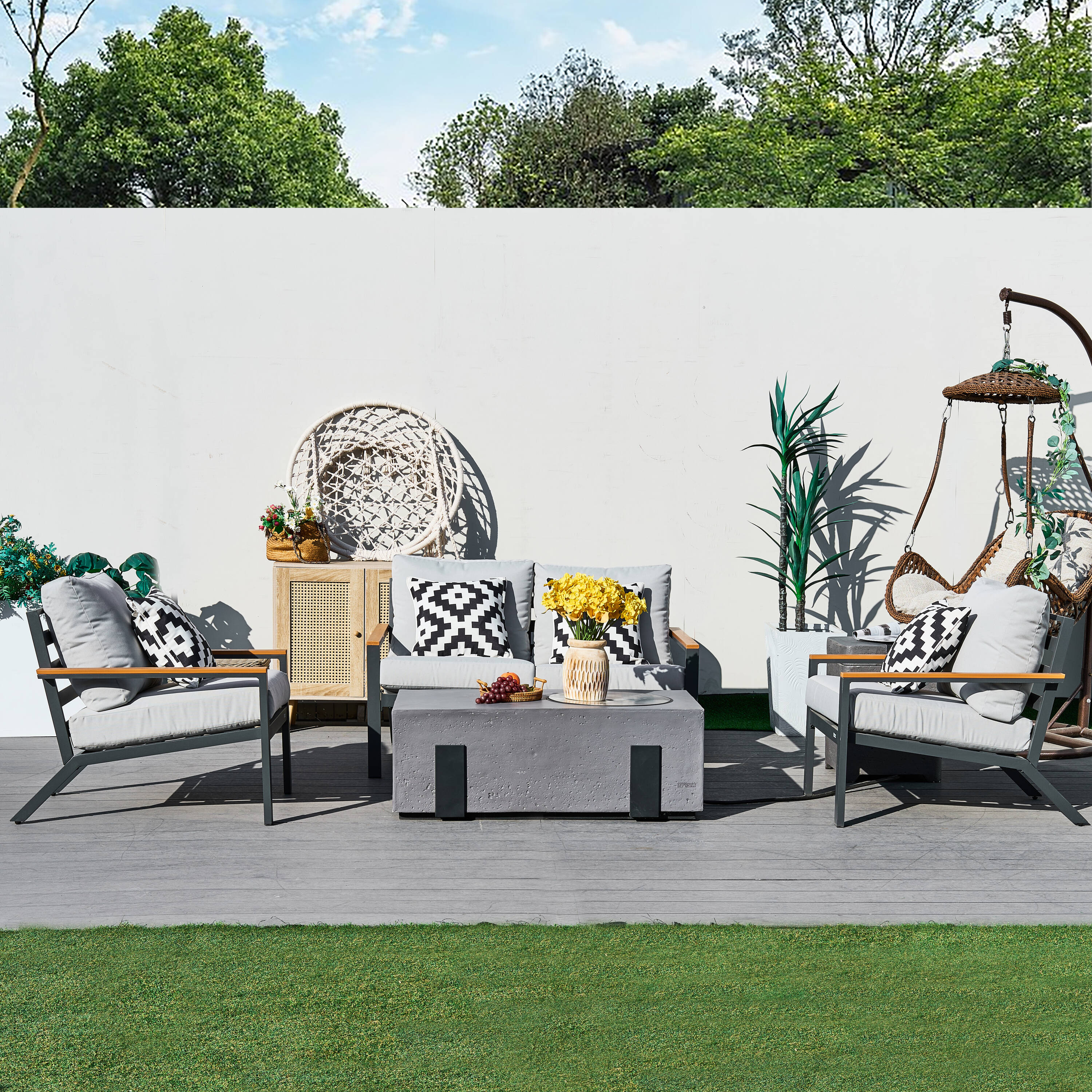 Direct Wicker DWS-2481LS2SC&2355G 5 -Piece 3 Patio Sofa Conversation Set with Gray Cushions