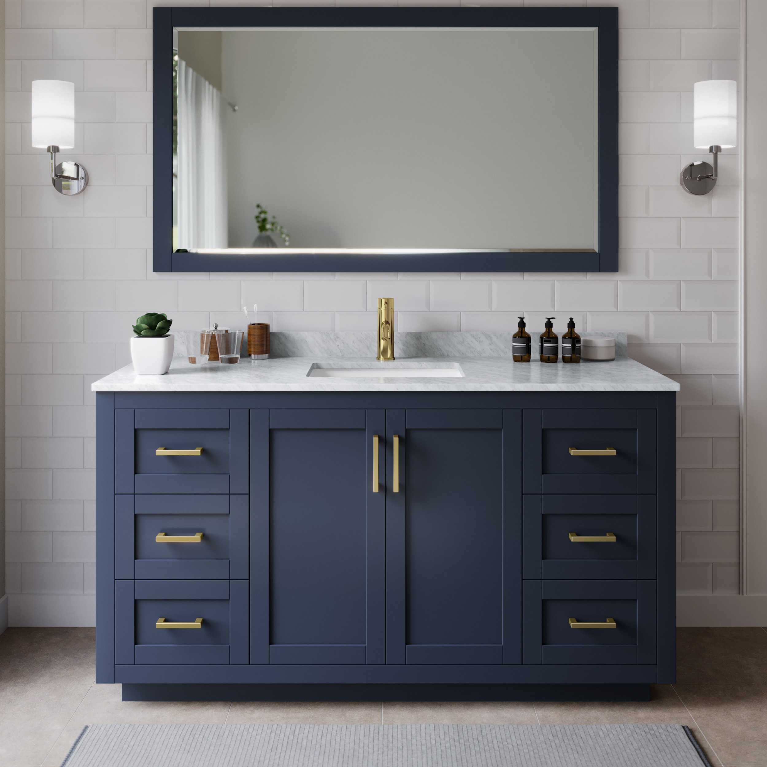 Wyndham Collection WCF292966SBLCMUNSMXX Miranda 66-in Dark Blue with Brushed Gold Trim Undermount Single sink Bathroom Vanity with White Carrara Marble Marble Top