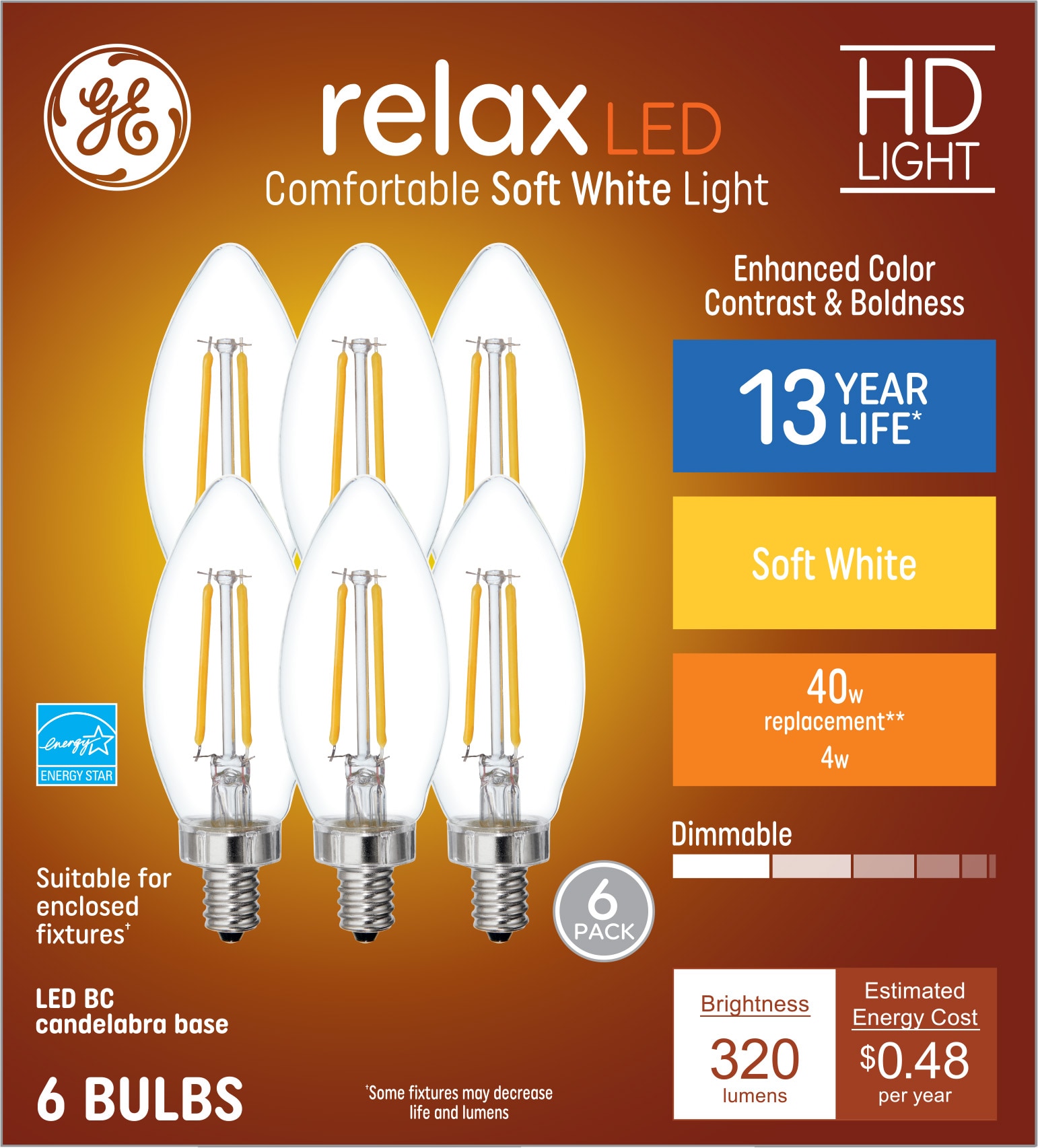Handvol Verbonden Kosten GE Relax 40-Watt EQ B11 Soft White Candelabra Base (e-12) Dimmable LED  Candle Bulb (6-Pack) at Lowes.com