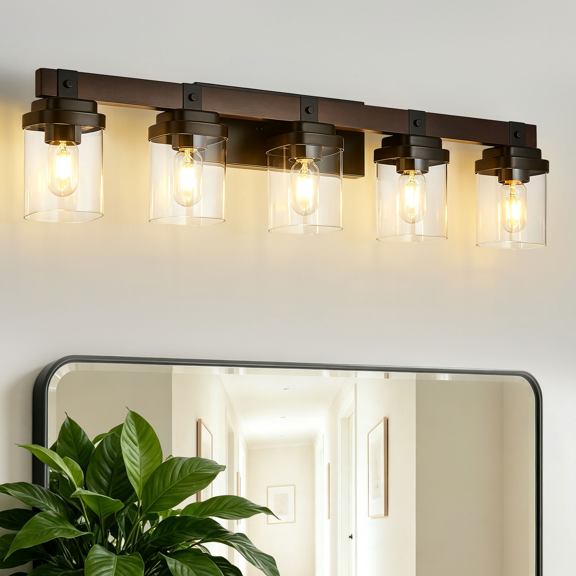 DIKAIDA Farmhouse Bathroom Vanity Light Rustic Wood Wall Sconce with Clear Glass Shade E26 Hardwired Bathroom Light Fixture Over Mirror