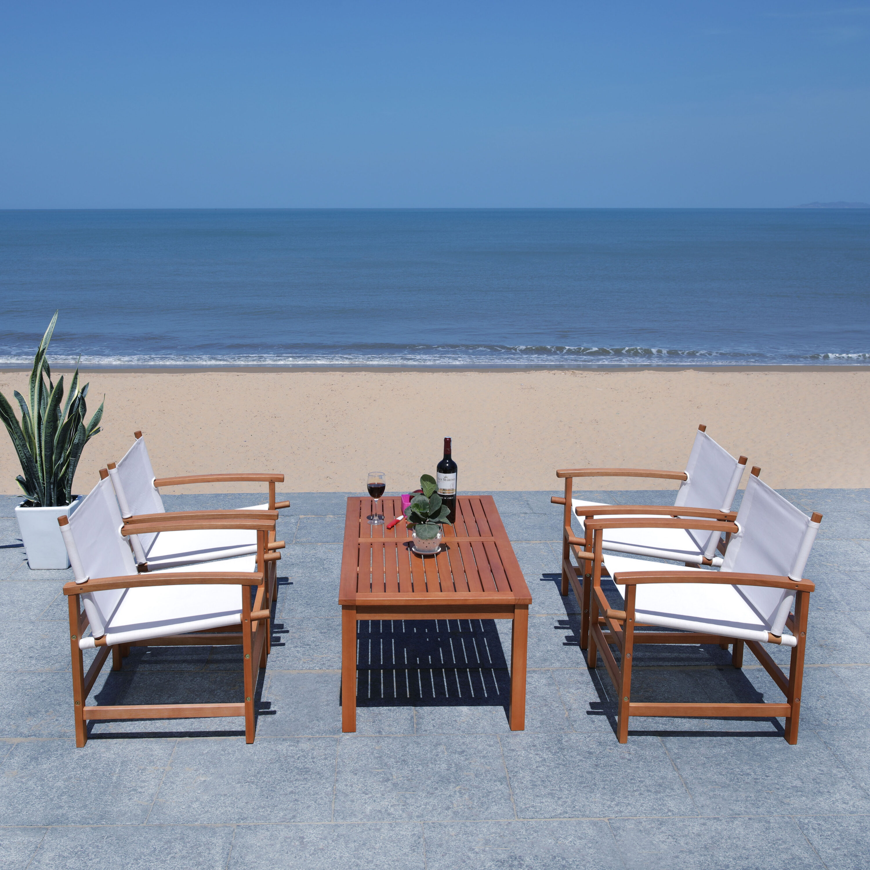 Natural Eucalyptus Wood Outdoor Dining Set with Beige Armchairs