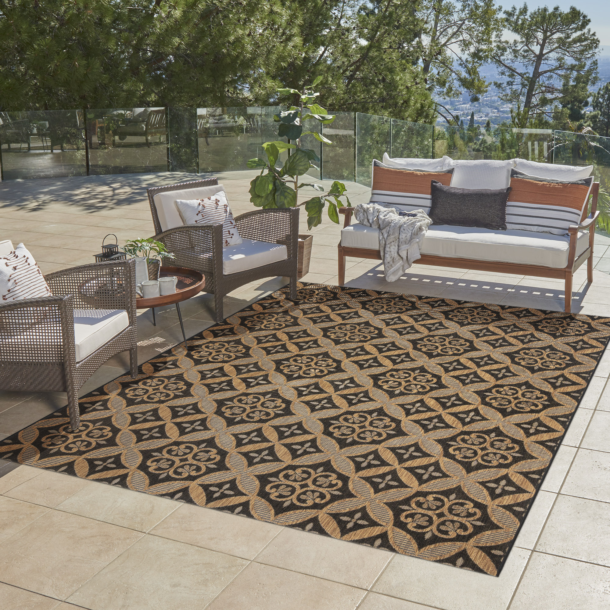 GERTMENIAN 25437 8 x 10 (ft) Polypropylene Chestnut/Black Rectangular Indoor/Outdoor Floral/Botanical Area rug