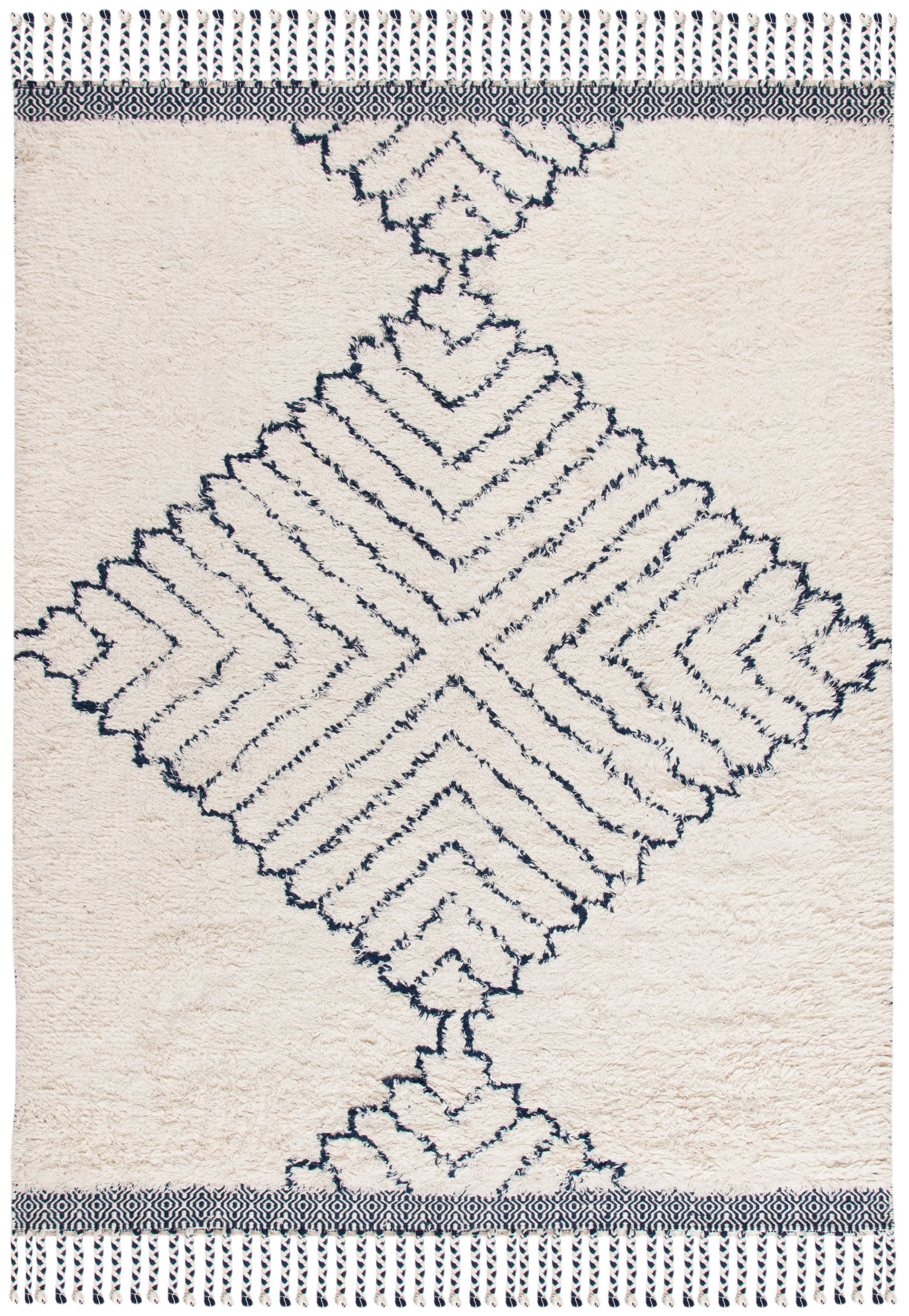 Ivory and Navy Geometric Wool Shag 8' x 10' Area Rug