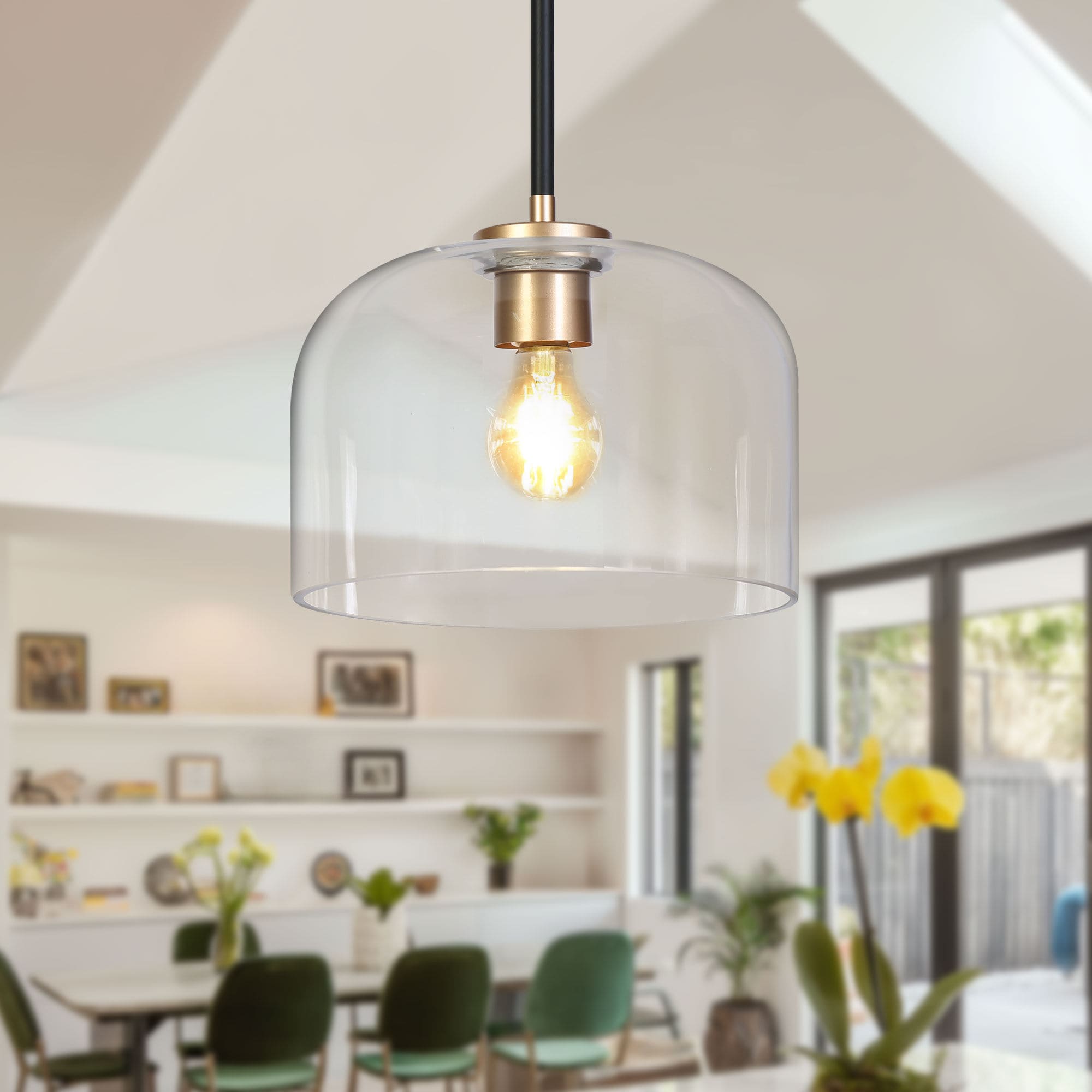ZEVNI L3URZ7ZIW5301SM9 Velora 1 -Light Modern Glass Kitchen Island Light with Black/Gold Finish Craftsman Clear glass Cylinder Medium Hanging Pendant light