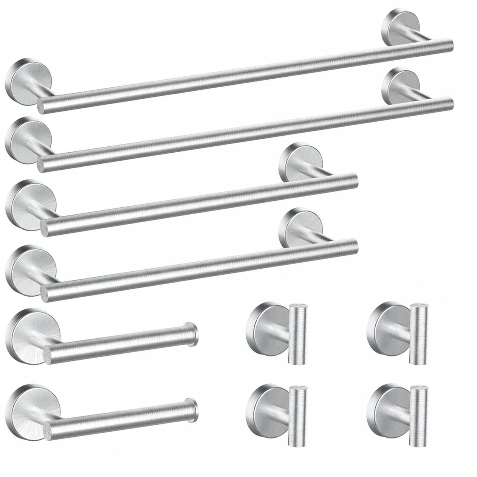Paradigms Interiors 10pcs Brushed Nickel Bathroom Hardware Set Towel Bar 2 Toilet Paper Holder 4 Hooks Stainless Steel Wall Mounted