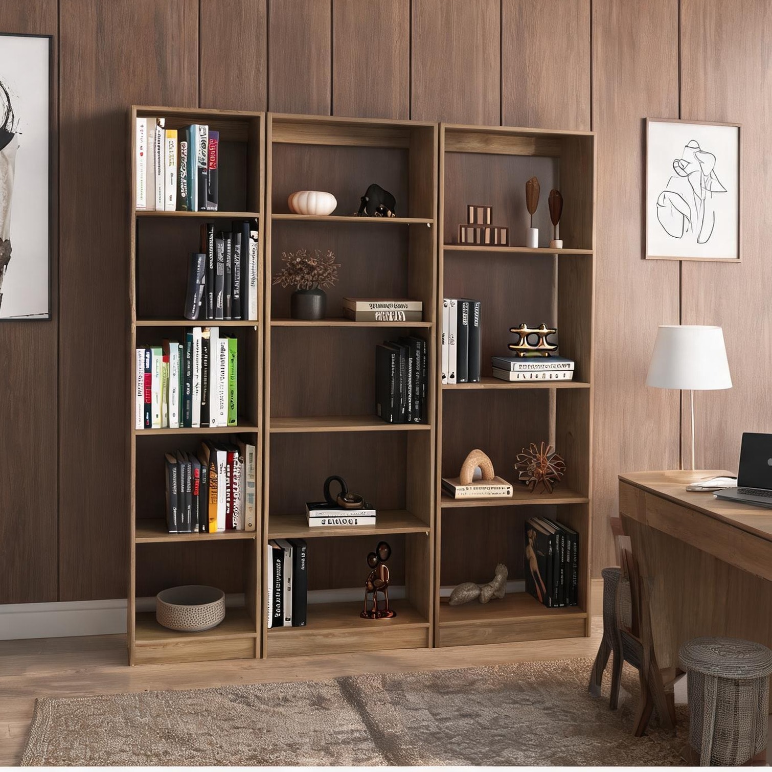FlowLuxe Engineered Wood 3-Piece Bookcase Set with Open Shelves Natural Wood Tone 71.1 H Freestanding Wall Unit for Living Room