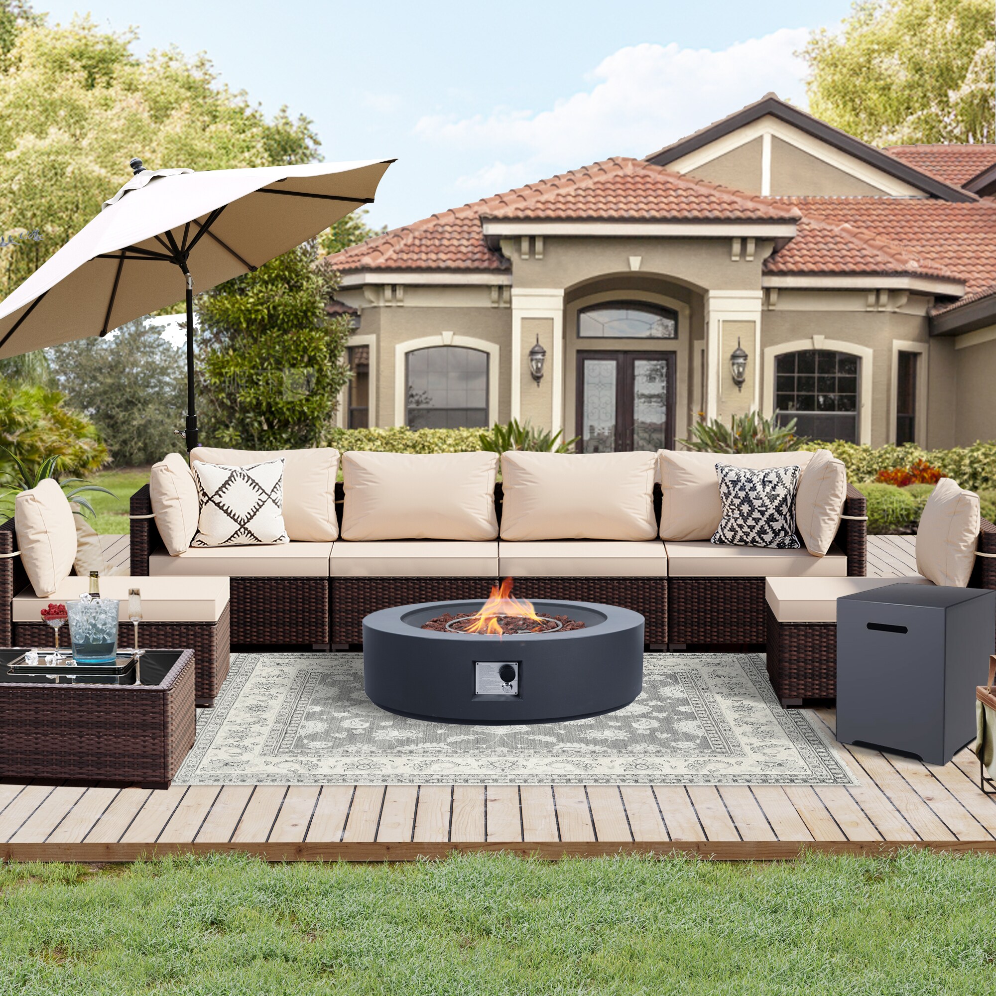 UPHA PL-2CZ-42MDK-Z1-T 8-Pieces Brown Wicker Patio Furniture Set With 42 in. Fire Pit Table 8 -Piece Wicker 2 Patio Sofa Conversation Set with Beige Cushions