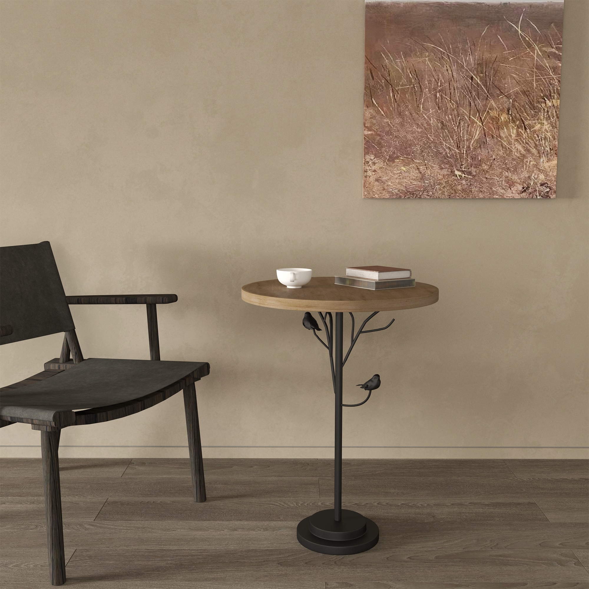 Vynxaria LESX0017-DJBZ-ET0014 Modern Round Side Table  Small Drink Table for Limited SpacesAccent End Table with Metal Legs for Living Room Natural