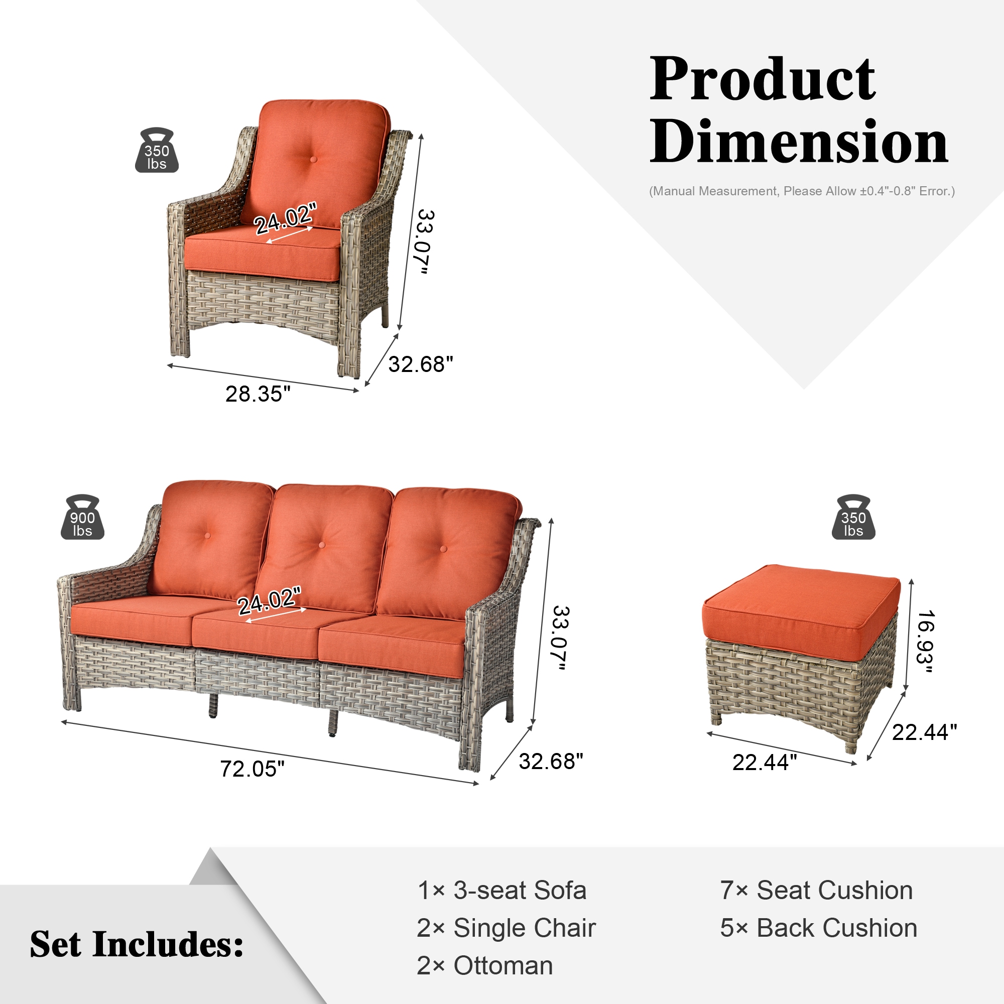 Pouuin 5-Piece Rattan Patio Conversation Set with Orange Cushions in ...