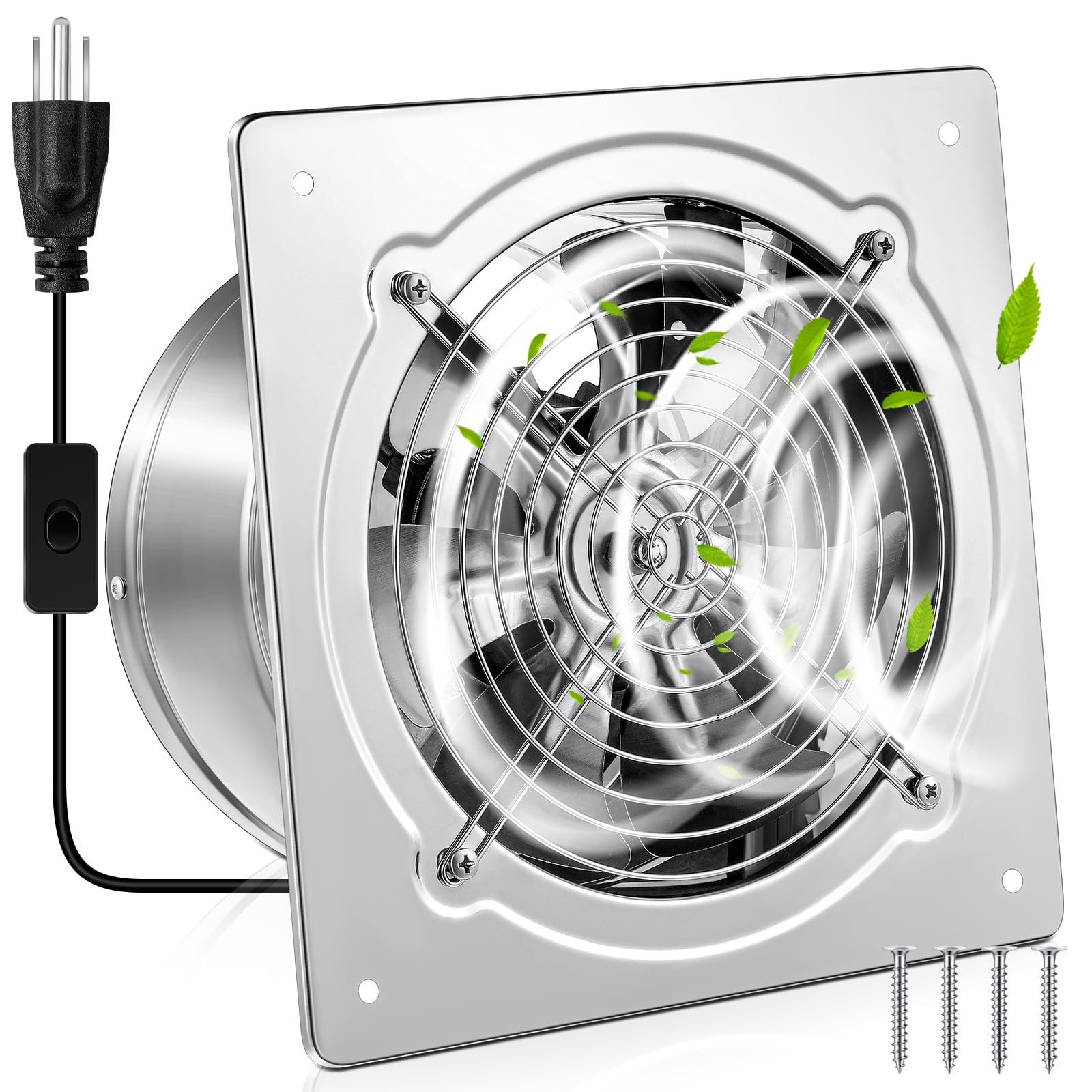 Justincity  10 Inch Exhaust Fan 988 CFM with Switch Power Cord and Damper for Kitchen Bathroom Garage Shop Industrial Ventilation Silver Metal