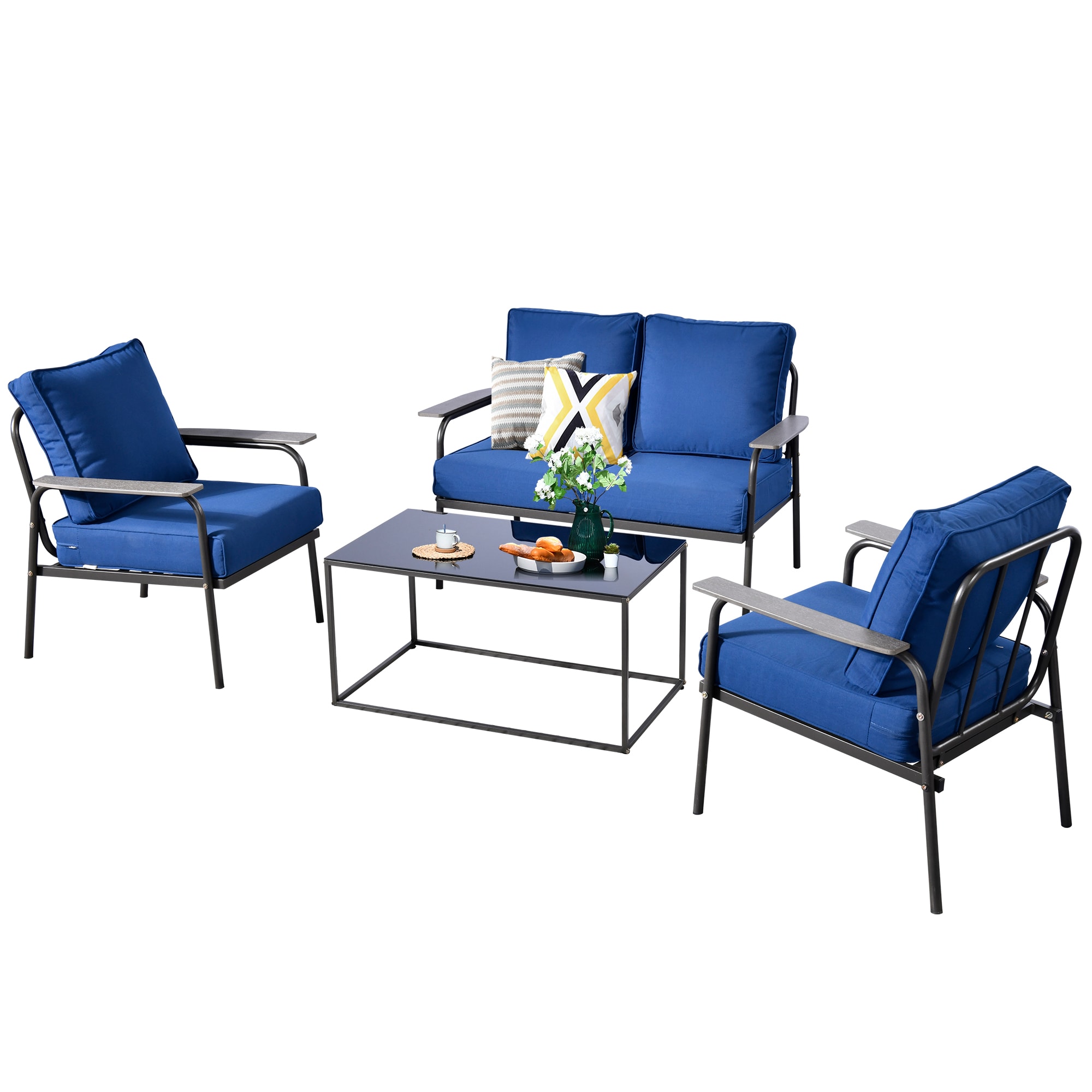 XIZZI XIBK700B1 Pervinca Outdoor Sectional with Navy Cushions and Iron Frame