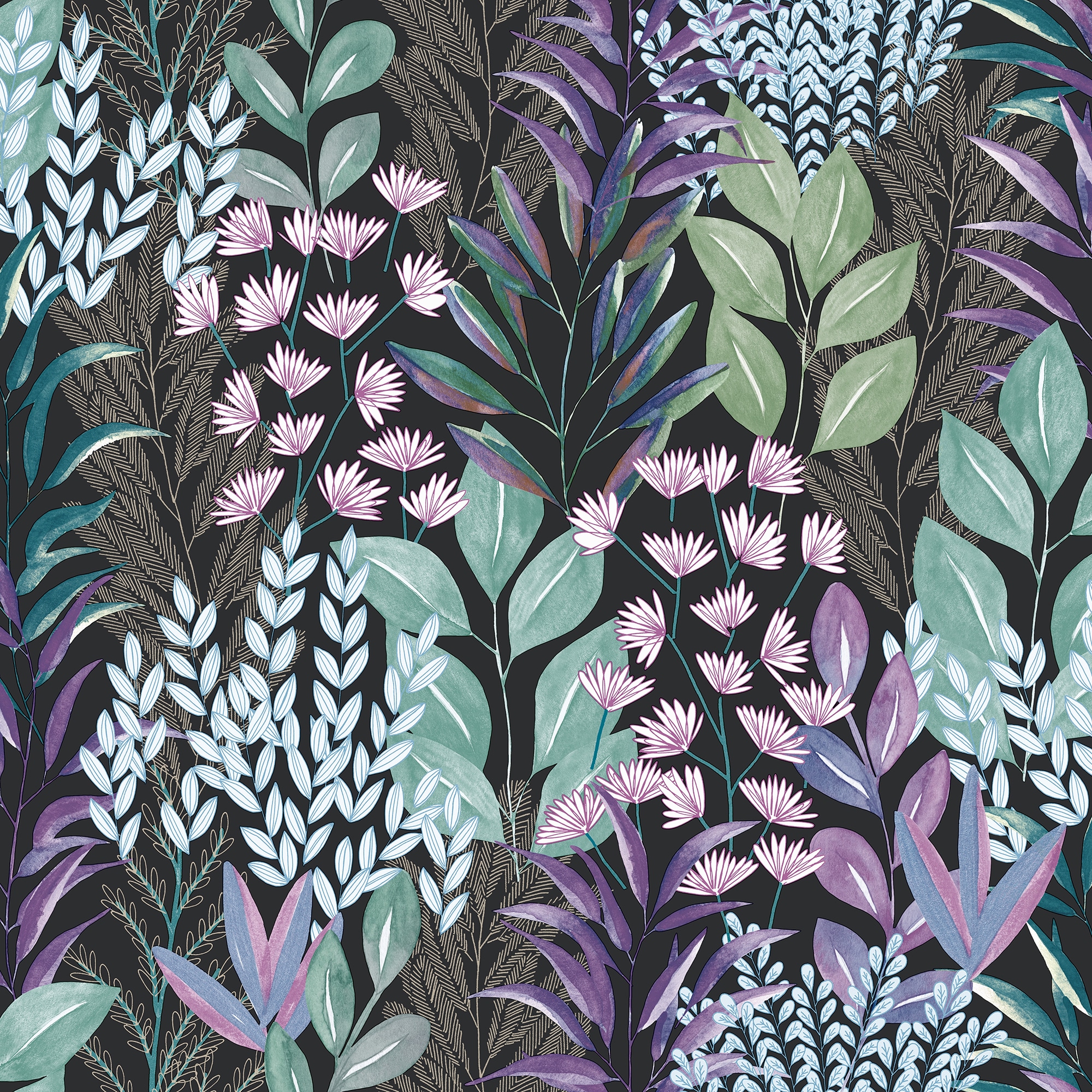 Veer Decor Serene Meadow Green and Purple on Black Ground Wallpaper