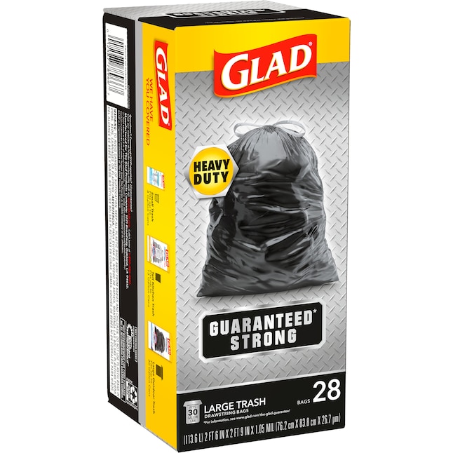 Glad Drawstring Trash Bags, 30 gal, 90/Box, Black