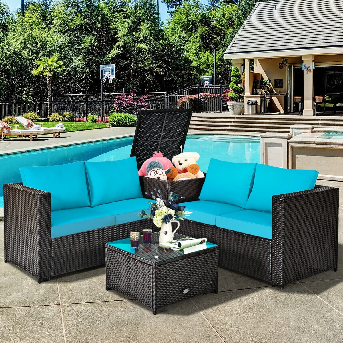 Poinic CWZ66714ATU-X 4 -Piece Wicker 2 Patio Sofa Conversation Set with Blue Cushions