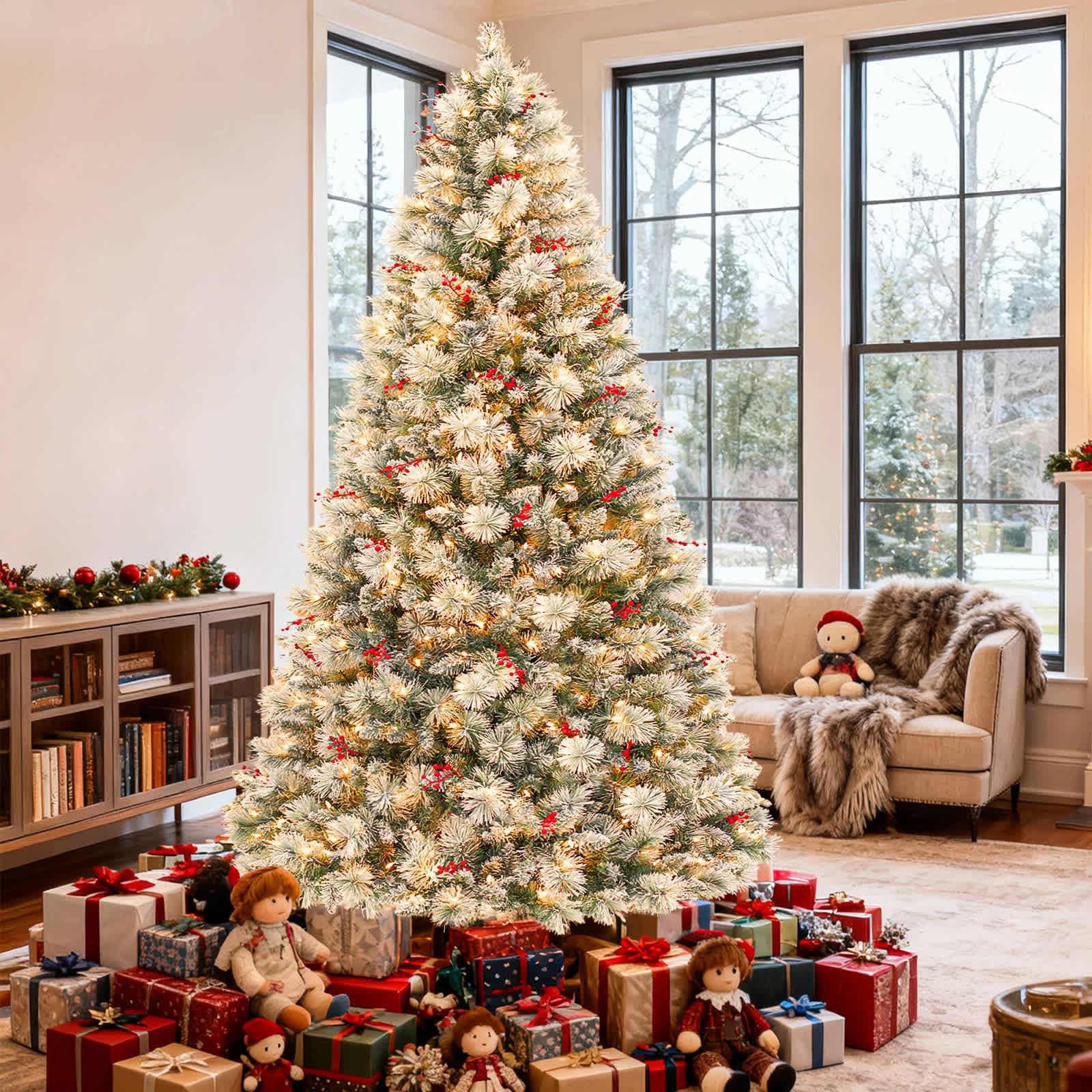 vivatrees 6-ft Spruce Pre-Lit Flocked Green Artificial Christmas Tree with Warm White LED Lights