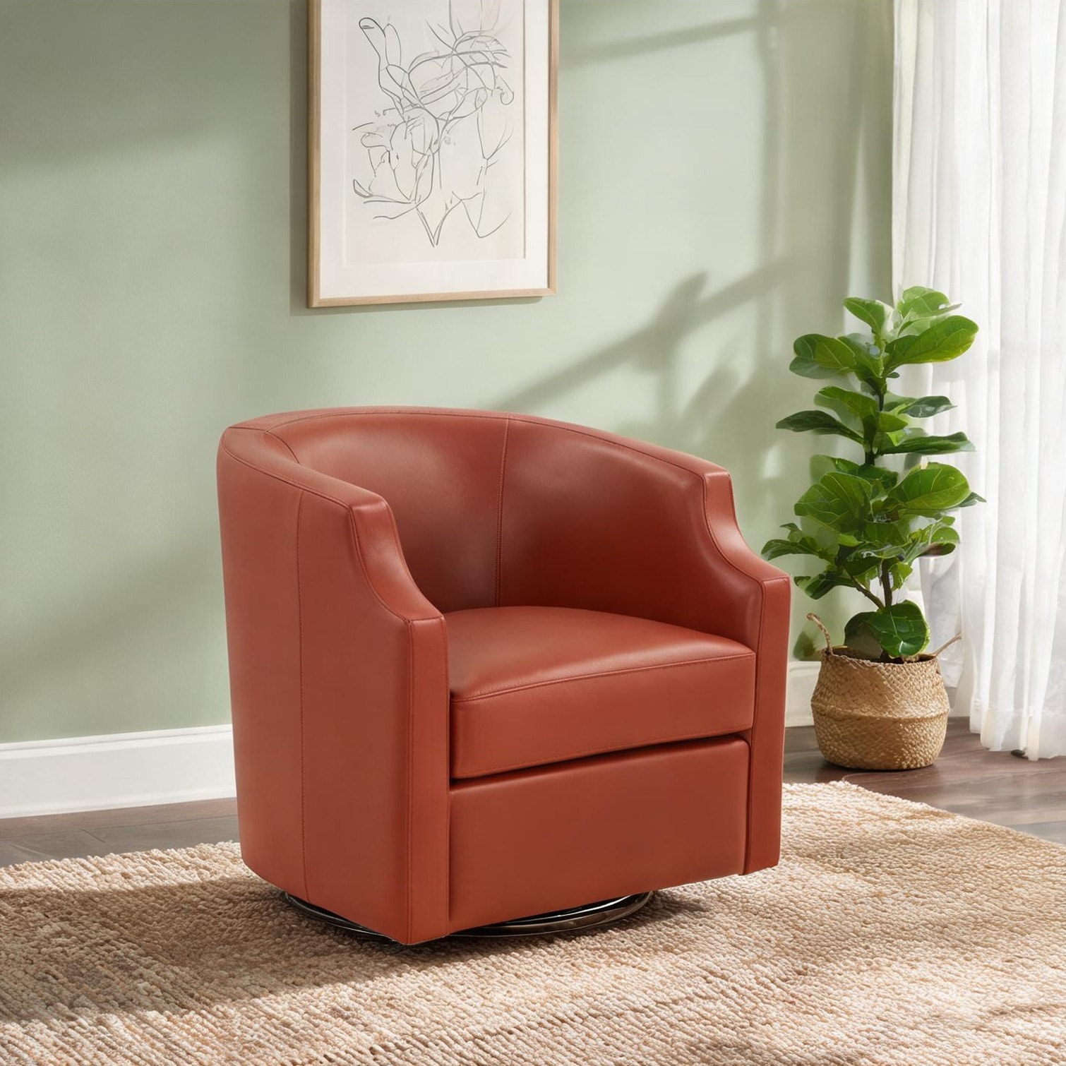 Naturefalls Barrel Swivel Glider Chair with Clip Arms Top Grain Leather Upholstery 360-Degree Rotation 29.5-Inch Height