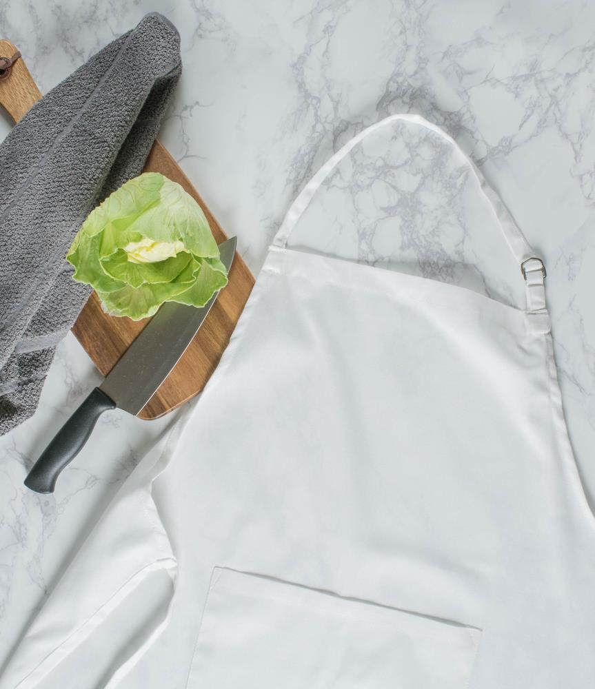 White Cotton Chef Apron with Center Pocket, 32x28"