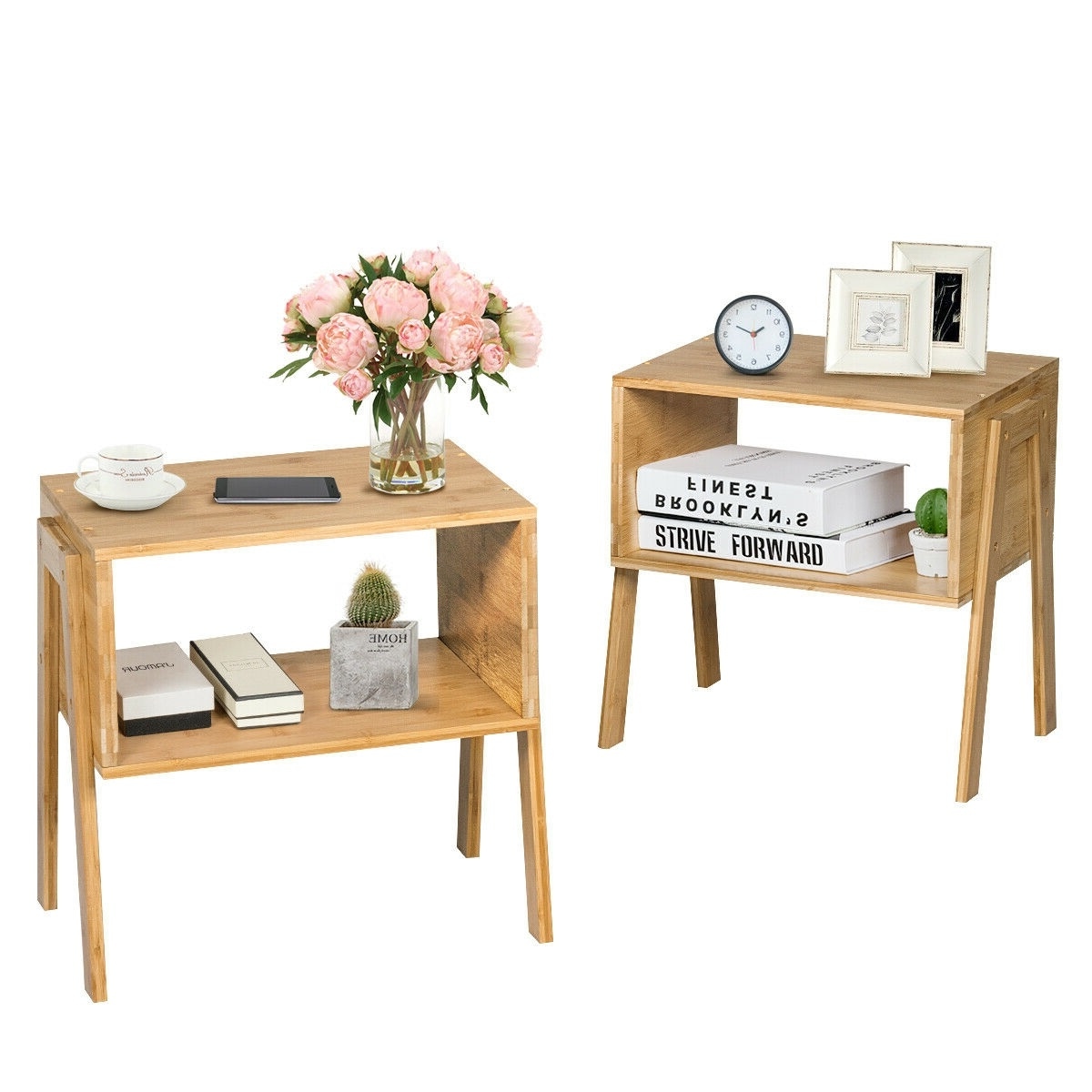 Slickblue 2-Piece Stackable Bamboo End Table Set - Natural Bamboo Finish Nightstand – Stackable design open compartment - Perfect for bedroom living room or study