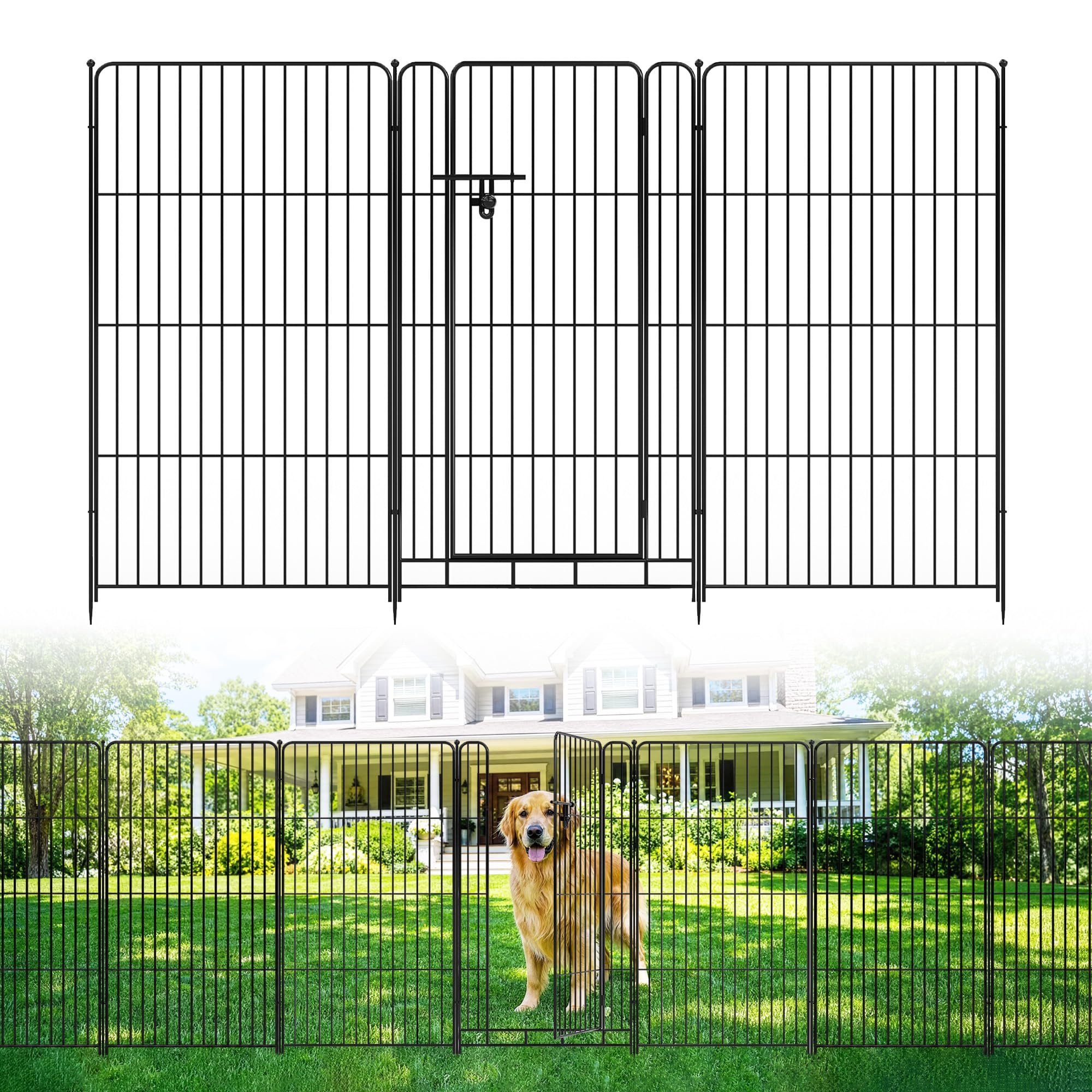 IdealHouse Outdoor Metal Garden Fence 48in(h) x 17.7ft(l) 8 Pack Garden Decorative Fencing Animal Barrier Dog Fence for Yard Garden Patio Black