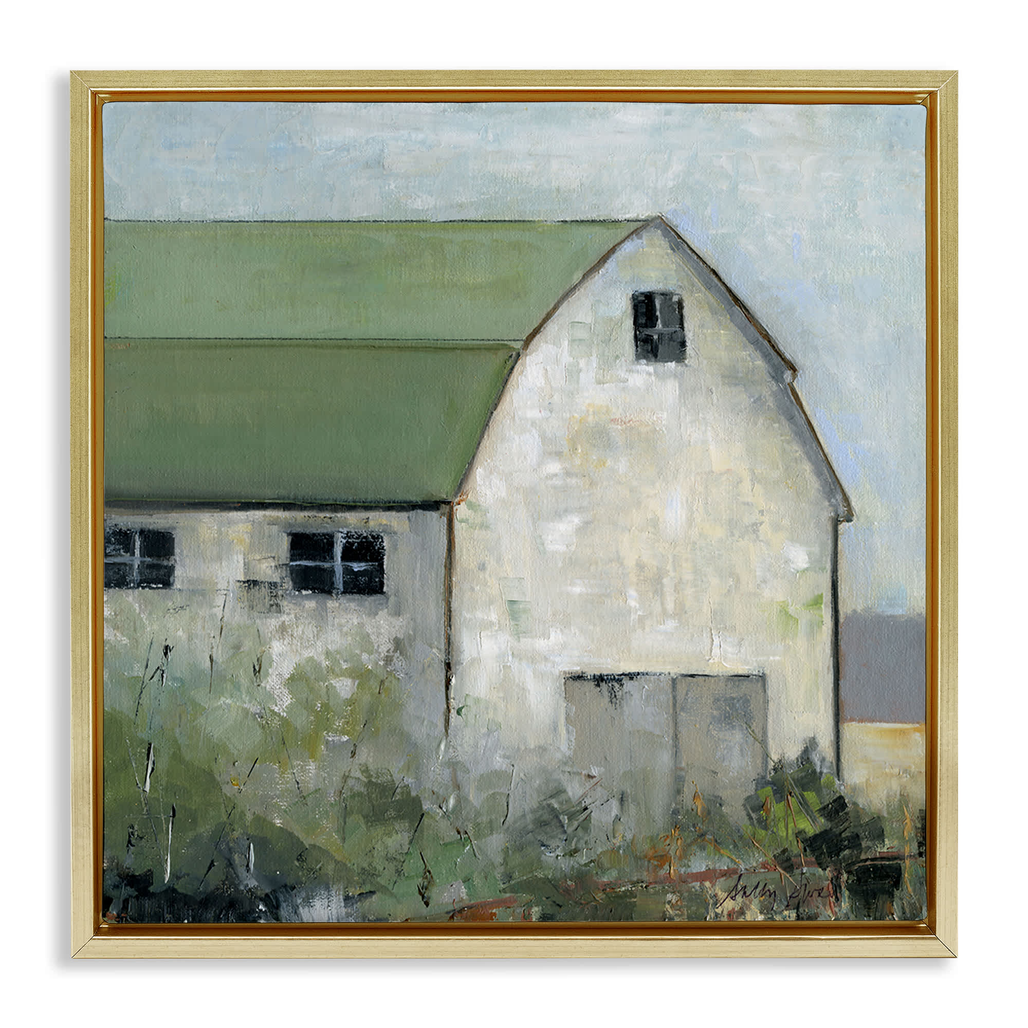 Stupell Industries BS-216-FFG-17X17 Barn View with Green Roof Gold Framed Floater Canvas Wall Art By Sally Swatland 18 x 18