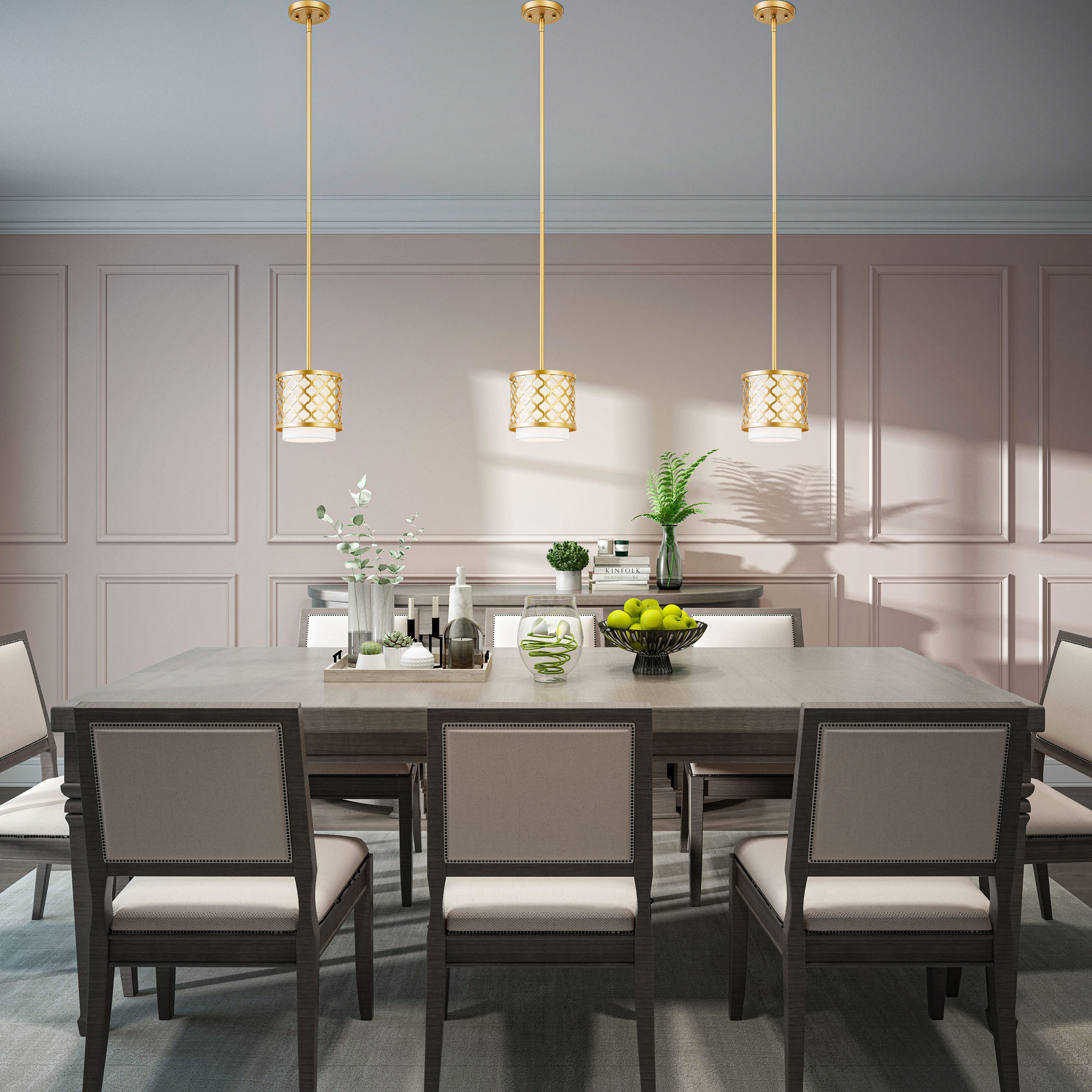 Arabesque Soft Gold Mini Pendant with Off-White Fabric Shade