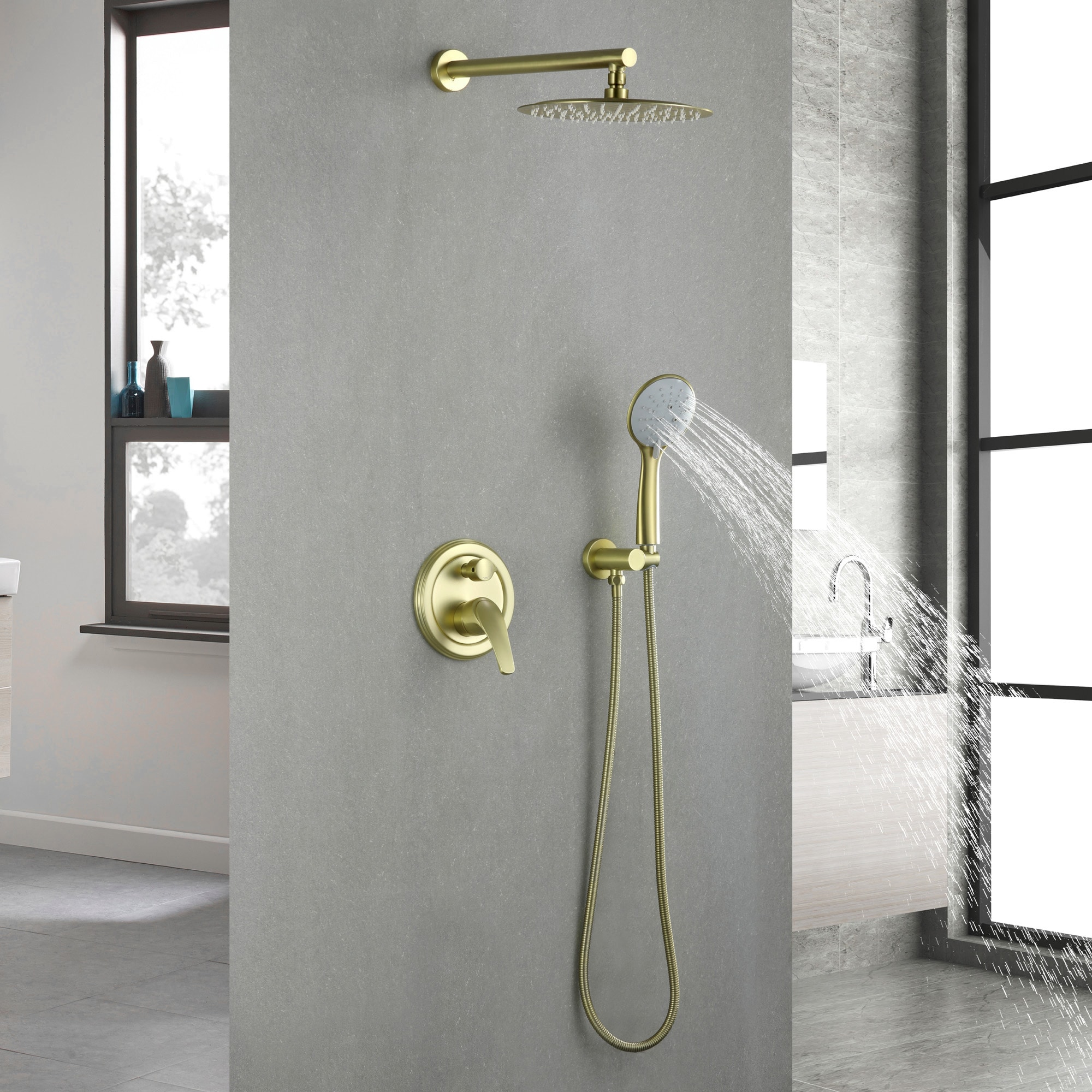 WELLFOR Brushed Gold 10-in Waterfall Dual Head Built-In Shower Faucet ...