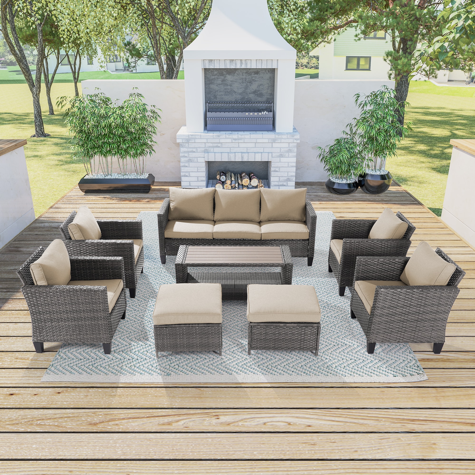 Sonkuki SD-PS-115HBG-S2T1 Patio Conversation Set 8 -Piece Wicker Patio Sofa Conversation Set with Beige Cushions